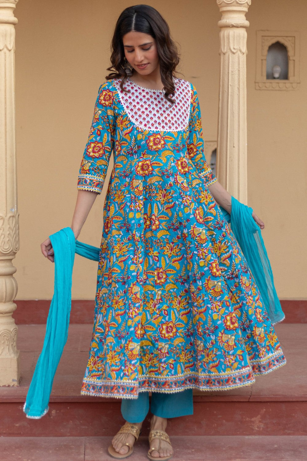 SootiSyahi-“Turquoise Festival" Hand Block Printed Cotton Suit Set
