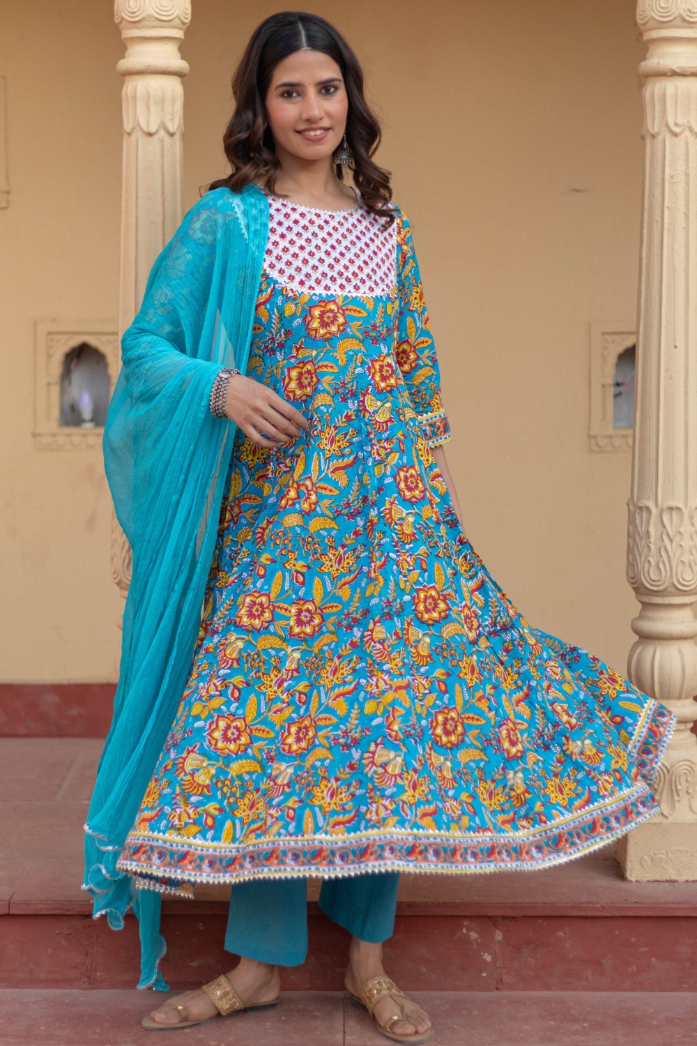 SootiSyahi-“Turquoise Festival" Hand Block Printed Cotton Suit Set