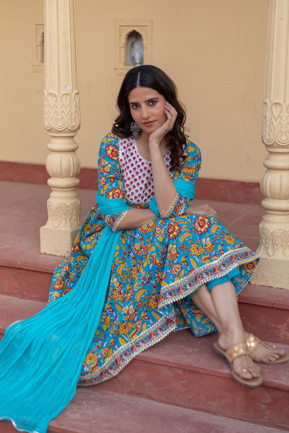 SootiSyahi-“Turquoise Festival" Hand Block Printed Cotton Suit Set