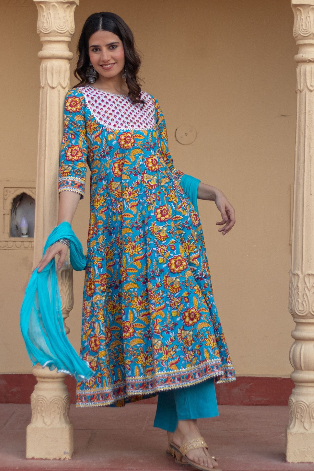SootiSyahi-“Turquoise Festival" Hand Block Printed Cotton Suit Set