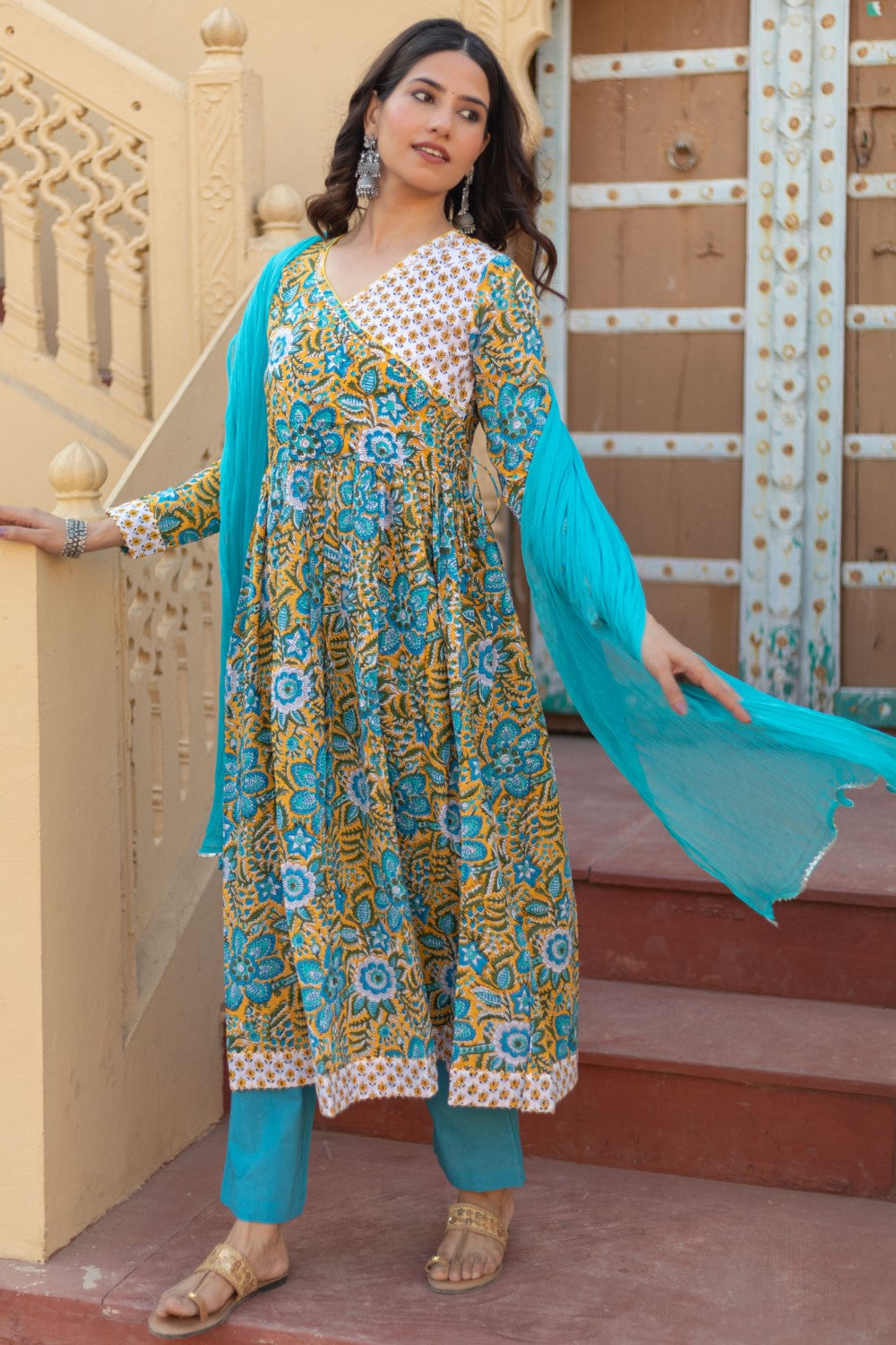 Sootisyahi-“Azure Elegance” Hand Block Printed Cotton Suit Set
