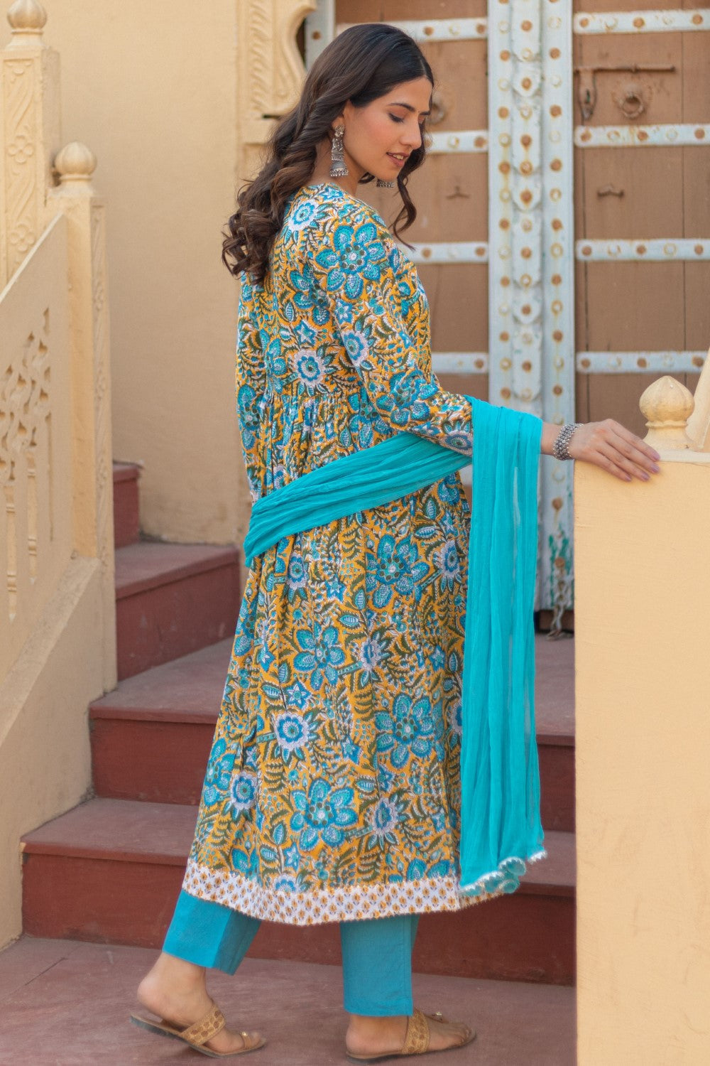 Sootisyahi-“Azure Elegance” Hand Block Printed Cotton Suit Set