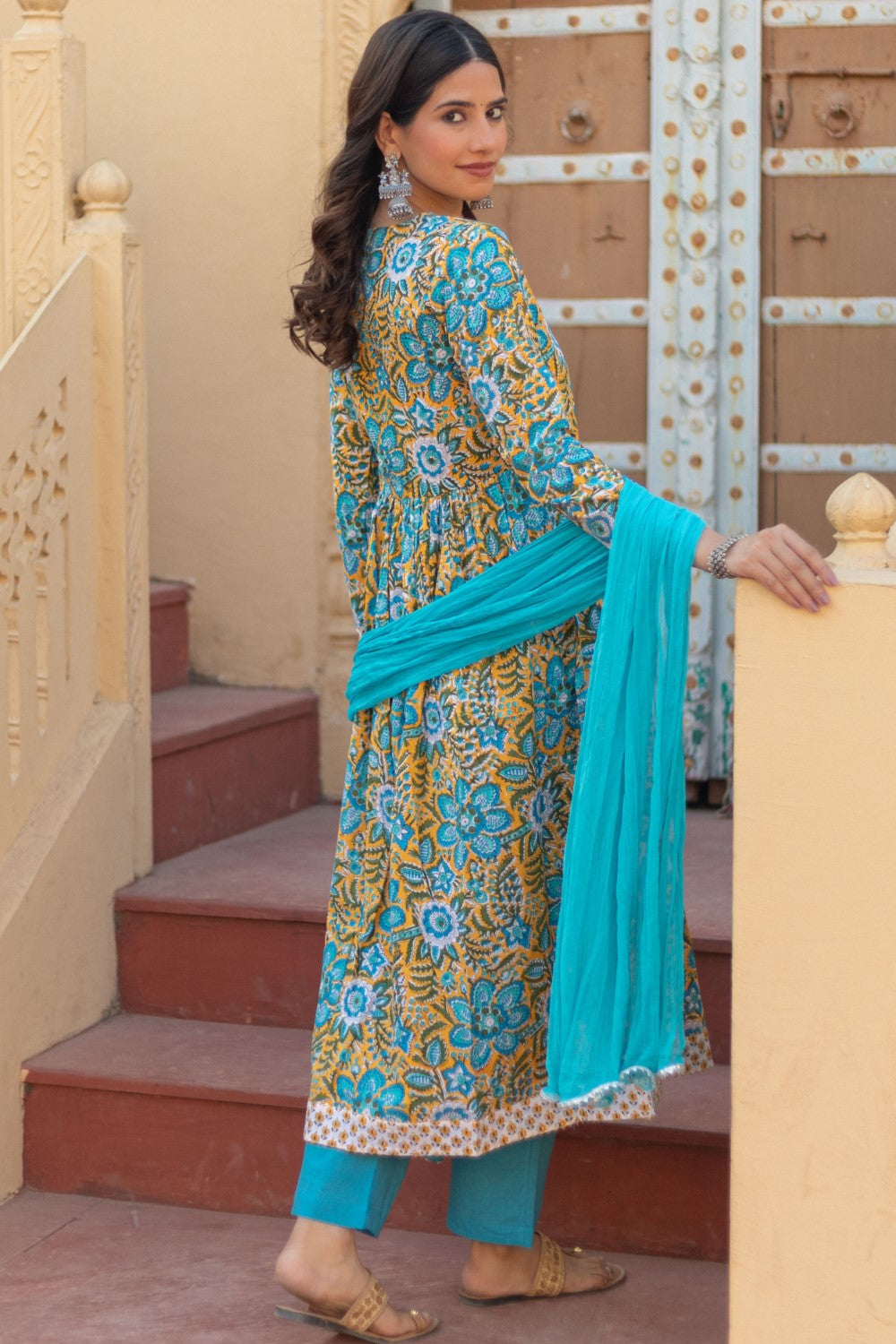Sootisyahi-“Azure Elegance” Hand Block Printed Cotton Suit Set