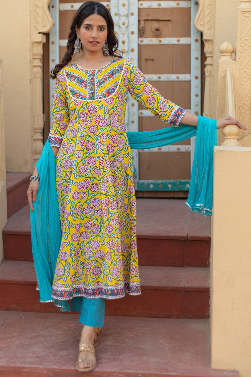 sootisyahi-“Golden Bloom” Hand Block Printed Cotton Suit Set