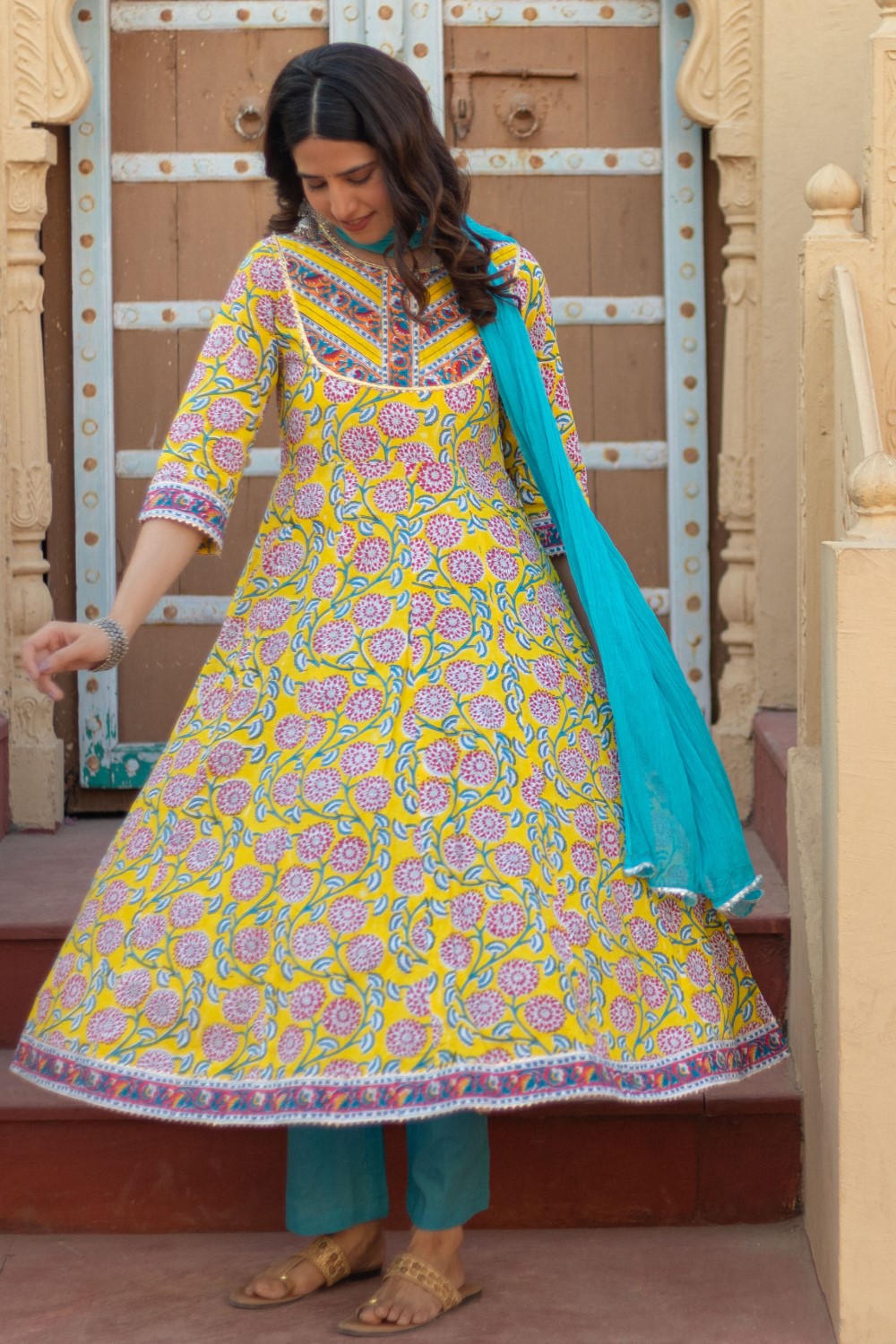 sootisyahi-“Golden Bloom” Hand Block Printed Cotton Suit Set