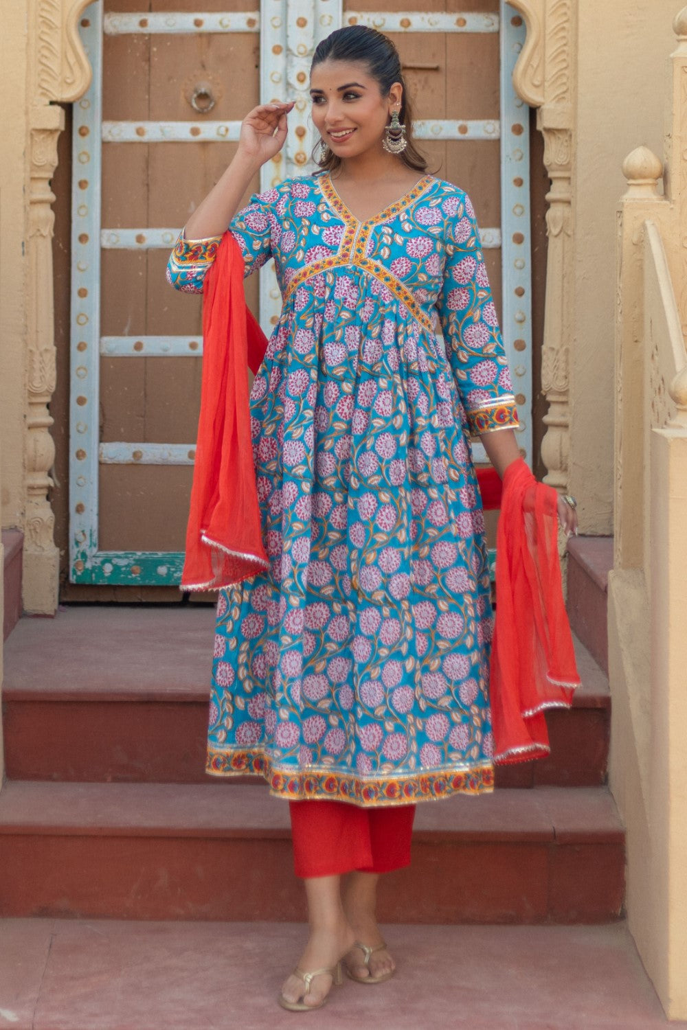 sootisyahi-“Floral Celebration” Hand Block Printed Cotton Suit Set