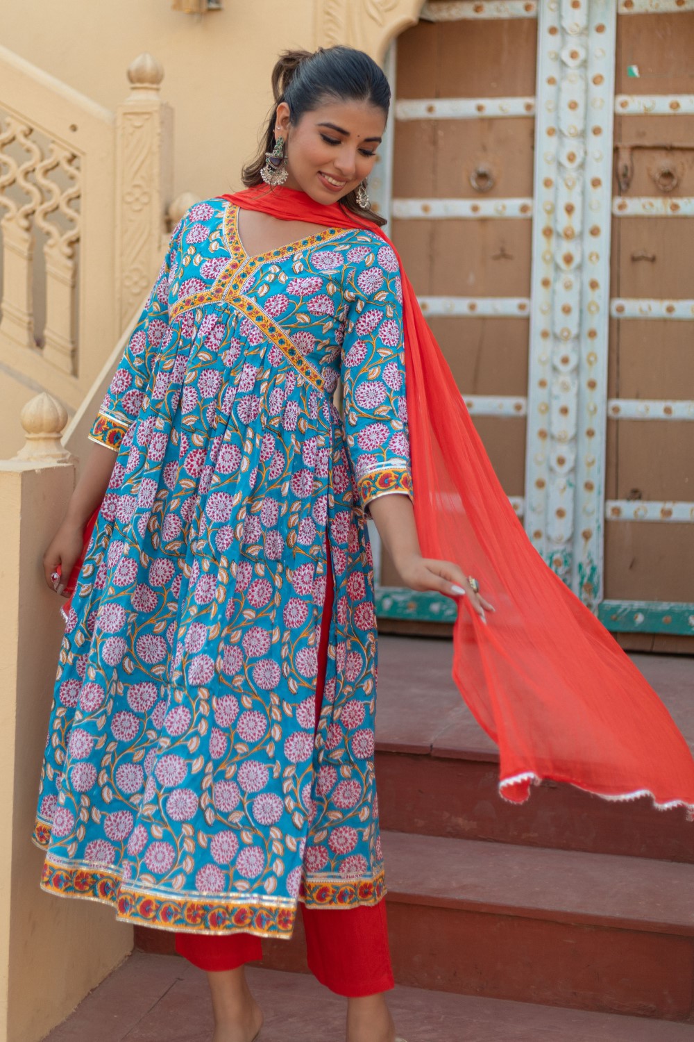 sootisyahi-“Floral Celebration” Hand Block Printed Cotton Suit Set