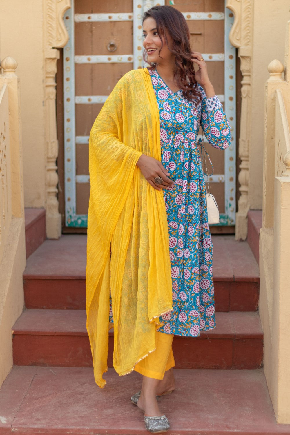 Sootisyahi-“Turquoise Festivity” Hand Block Printed Cotton Suit Set