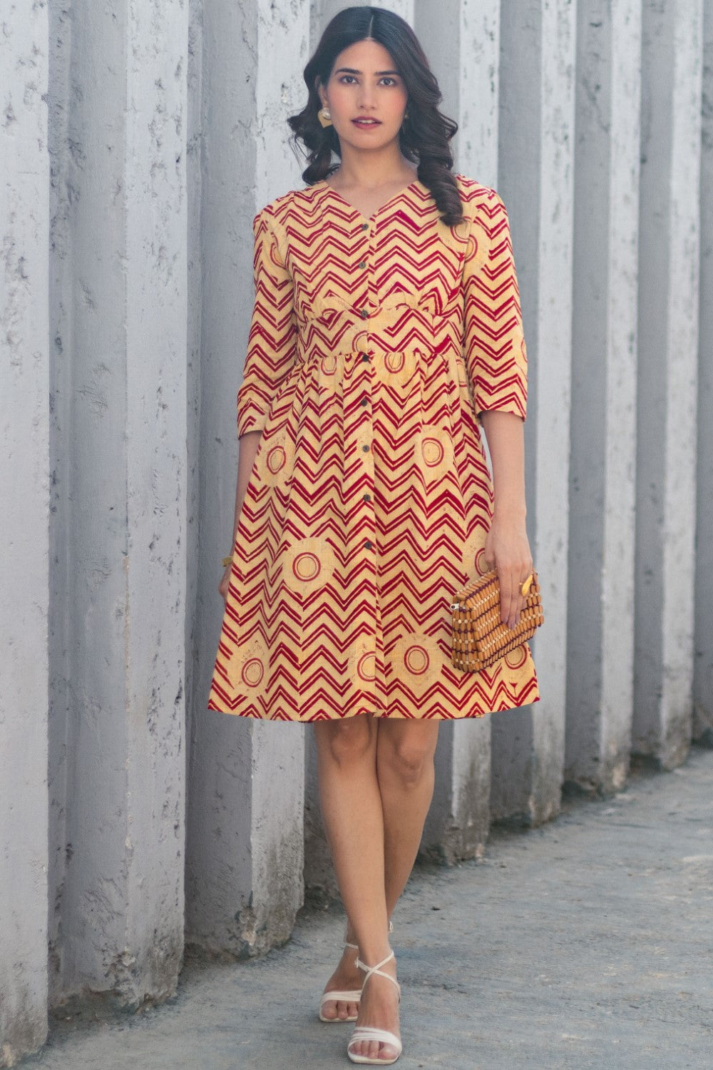 Chevron Sunset' Hand Block Printed Cotton Dress Red