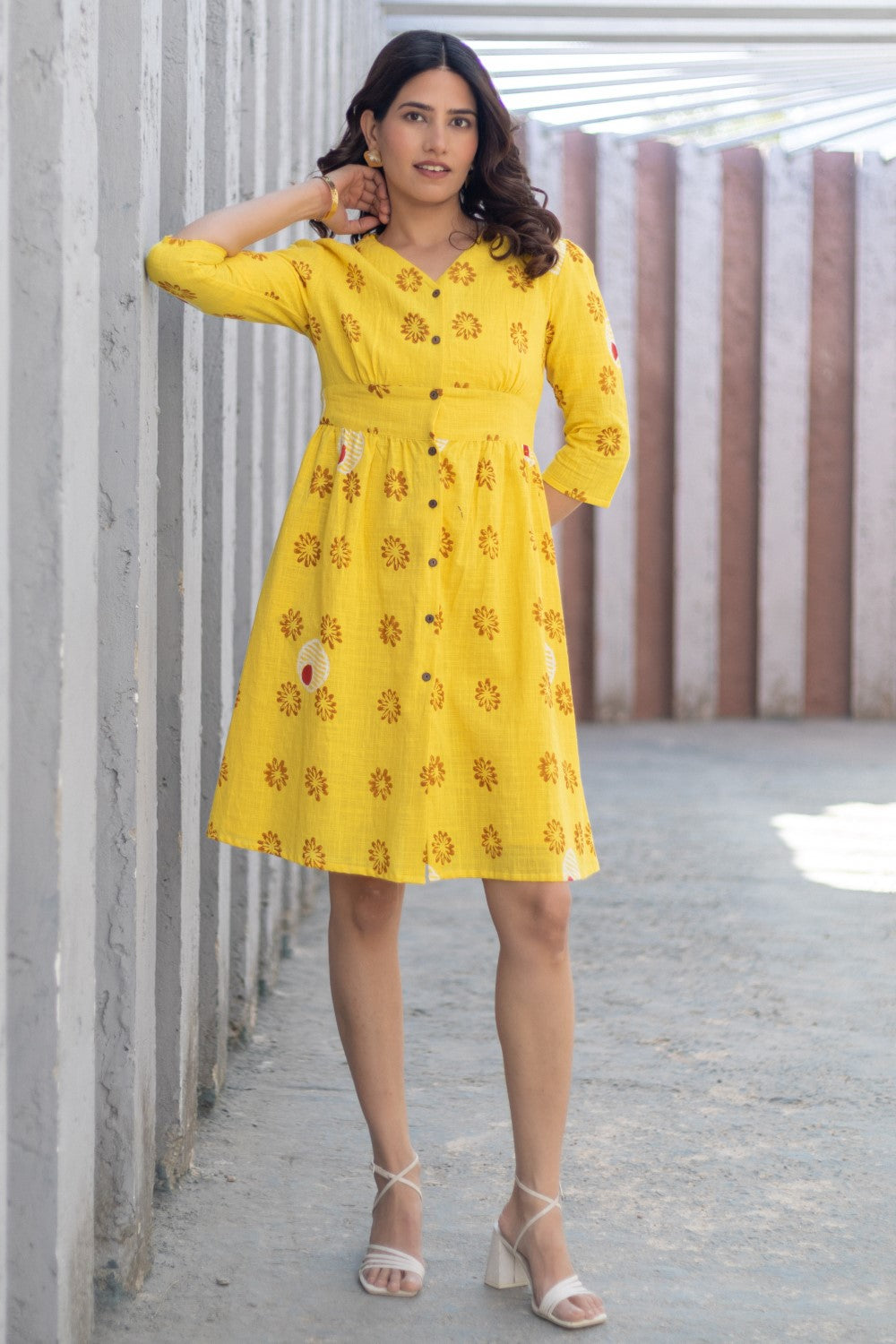 'Floral Medallion Yellow' Hand Block Printed Cotton Dress