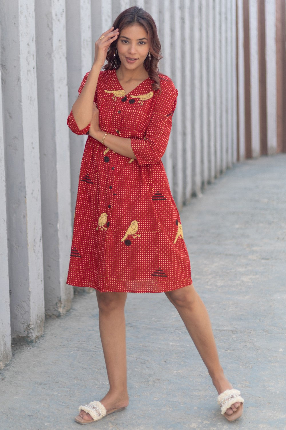 Sparrow Tales Red' Hand Block Printed Cotton Dress RED