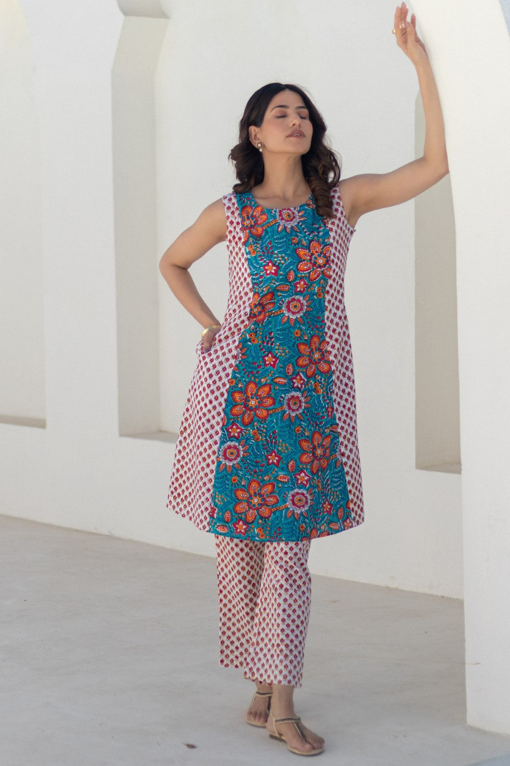 Coral Cascade-hand-block-printed-co-ord-set