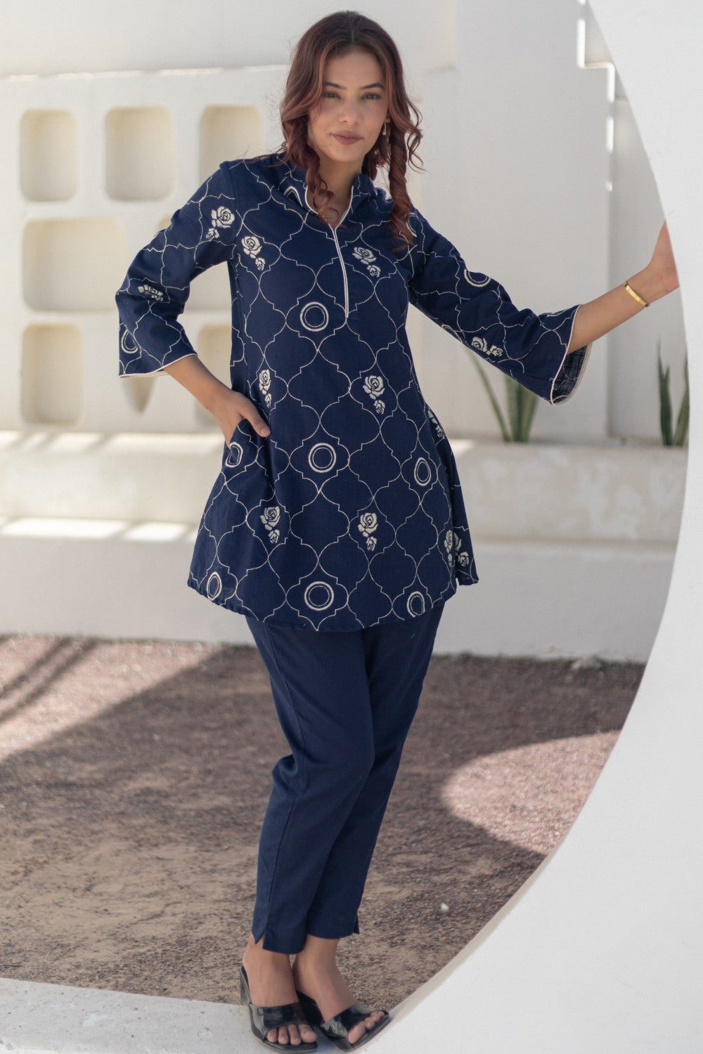 Rose Tapestry Blue' Hand Block Printed Cotton Dress