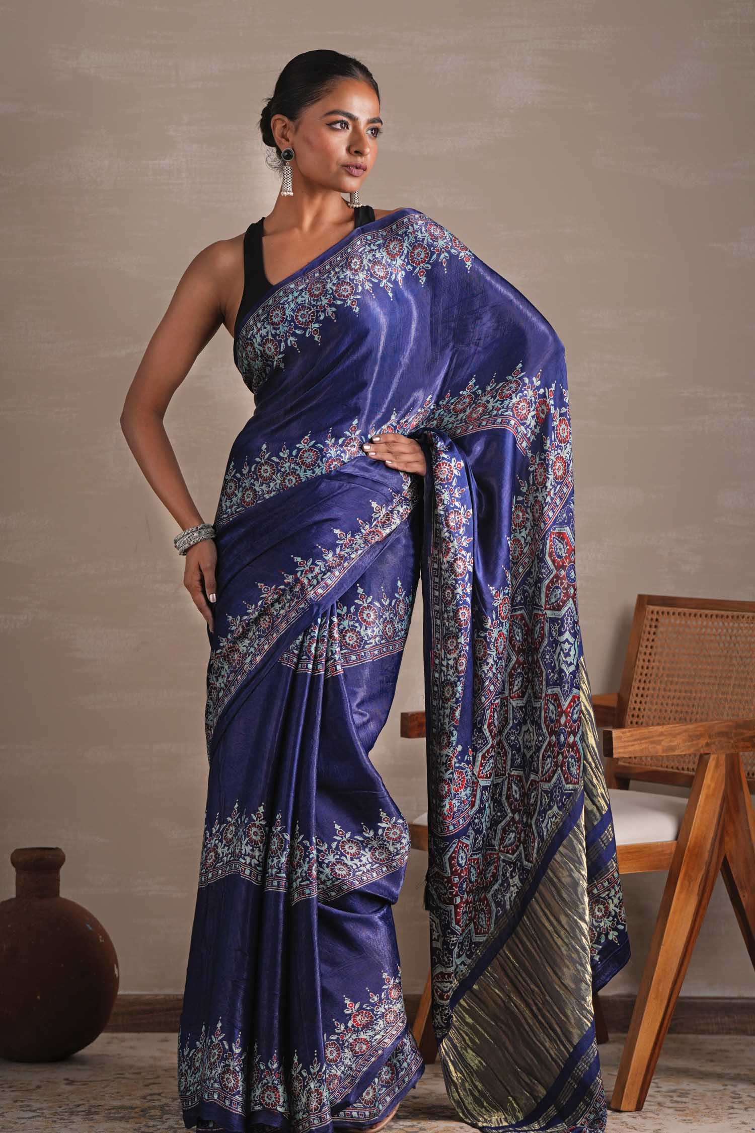 Azure Blossom Hand Block Printed Modal Tissue Saree - SootiSyahi