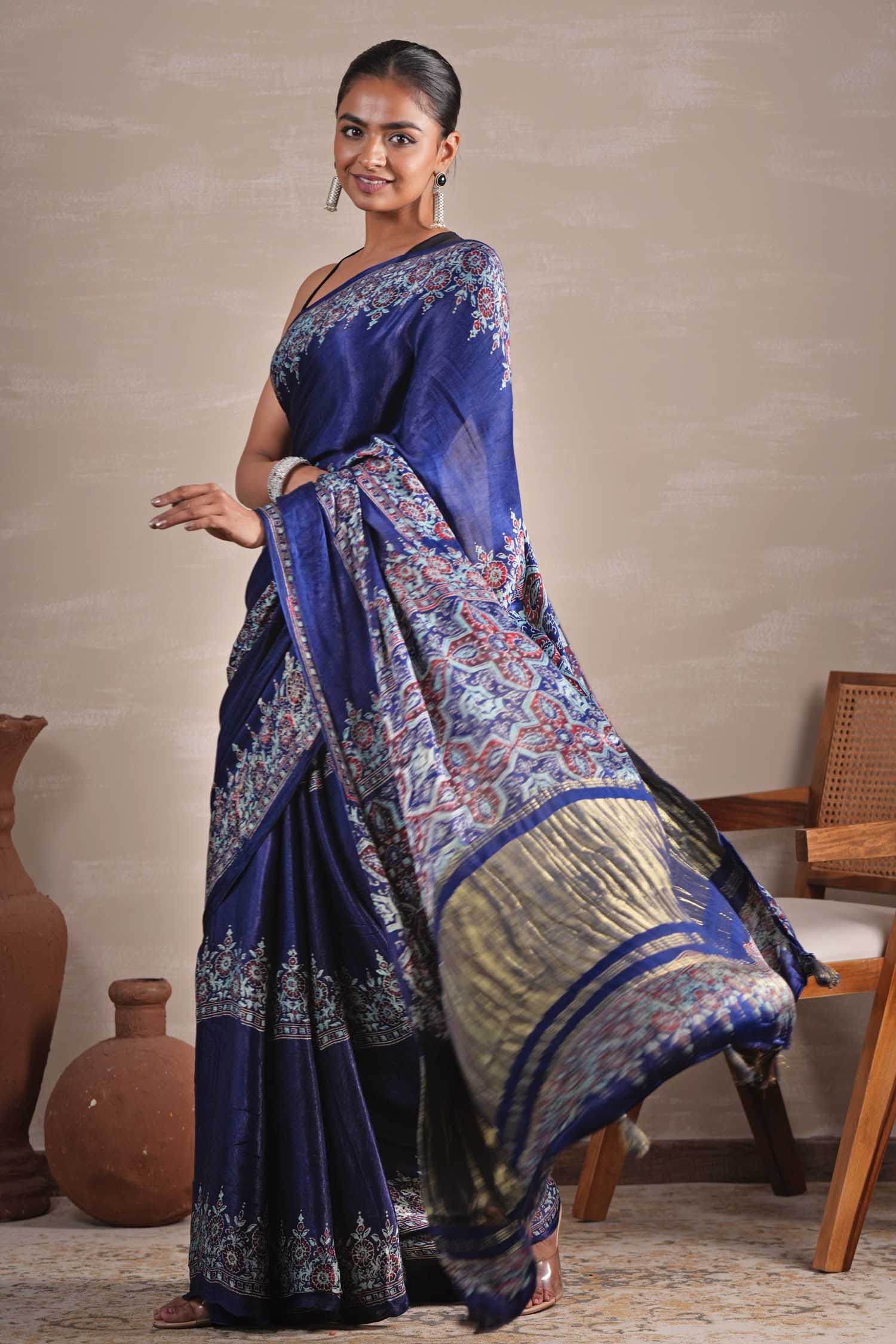 Azure Blossom Hand Block Printed Modal Tissue Saree - SootiSyahi