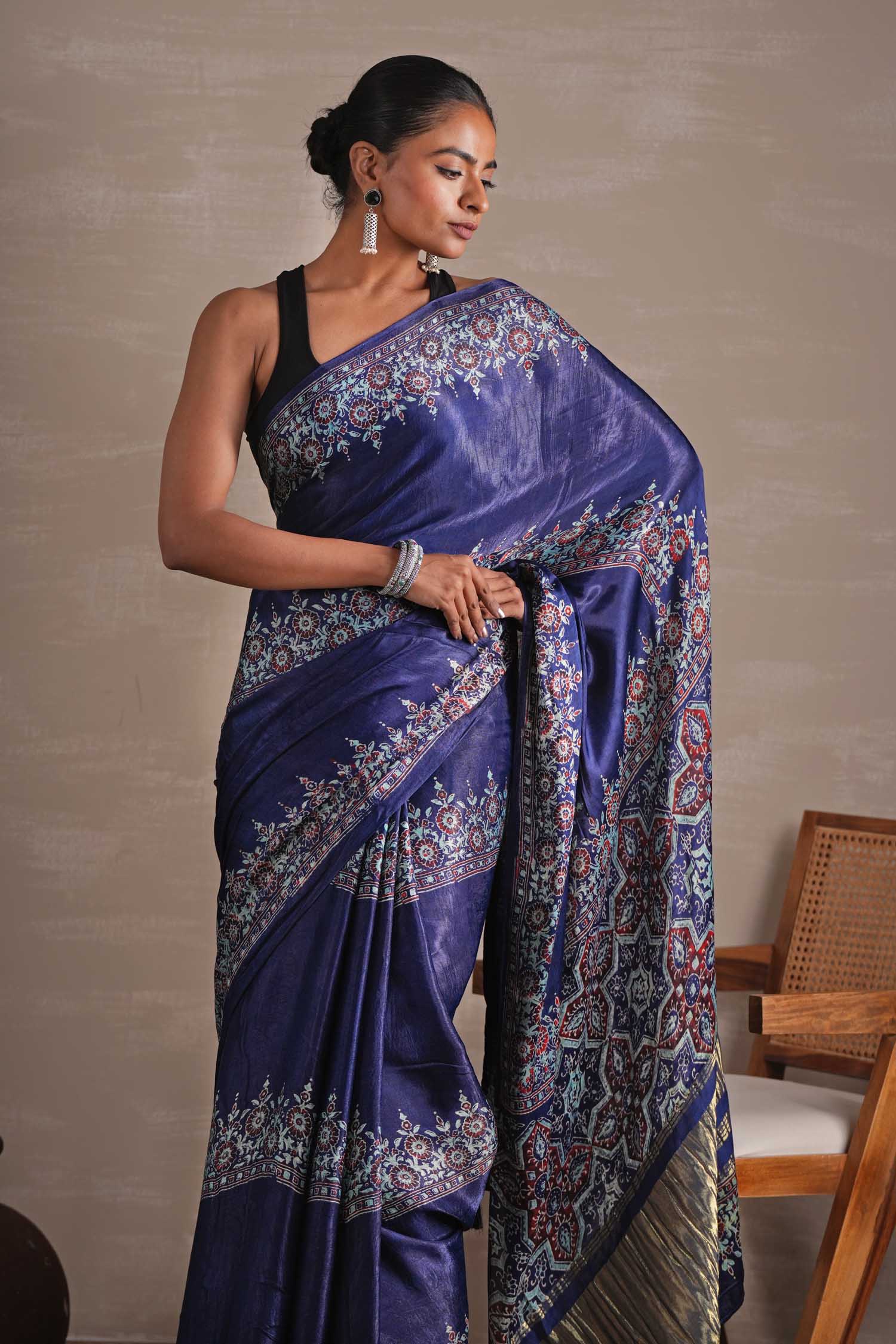 Azure Blossom Hand Block Printed Modal Tissue Saree - SootiSyahi