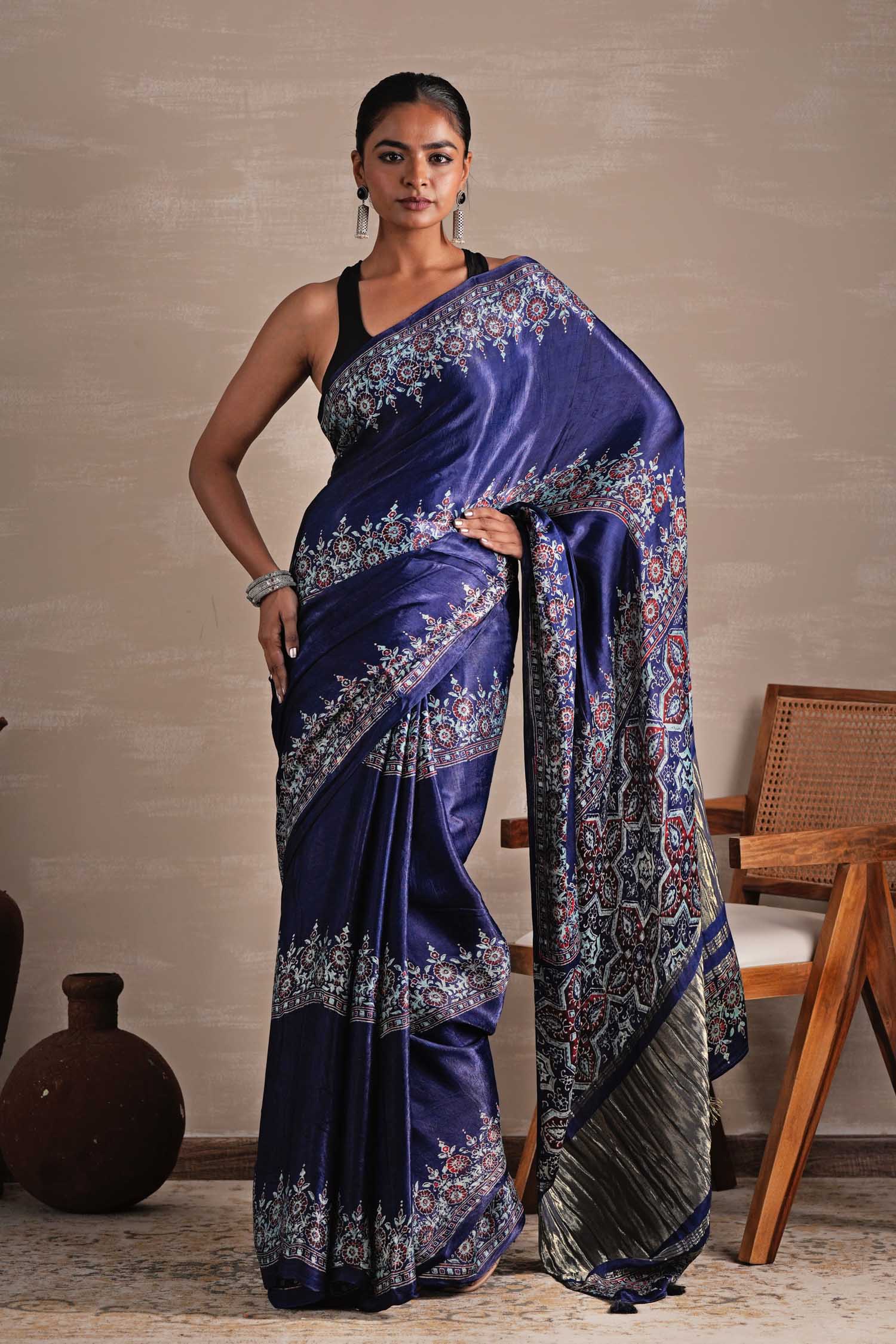 Azure Blossom Hand Block Printed Modal Tissue Saree - SootiSyahi