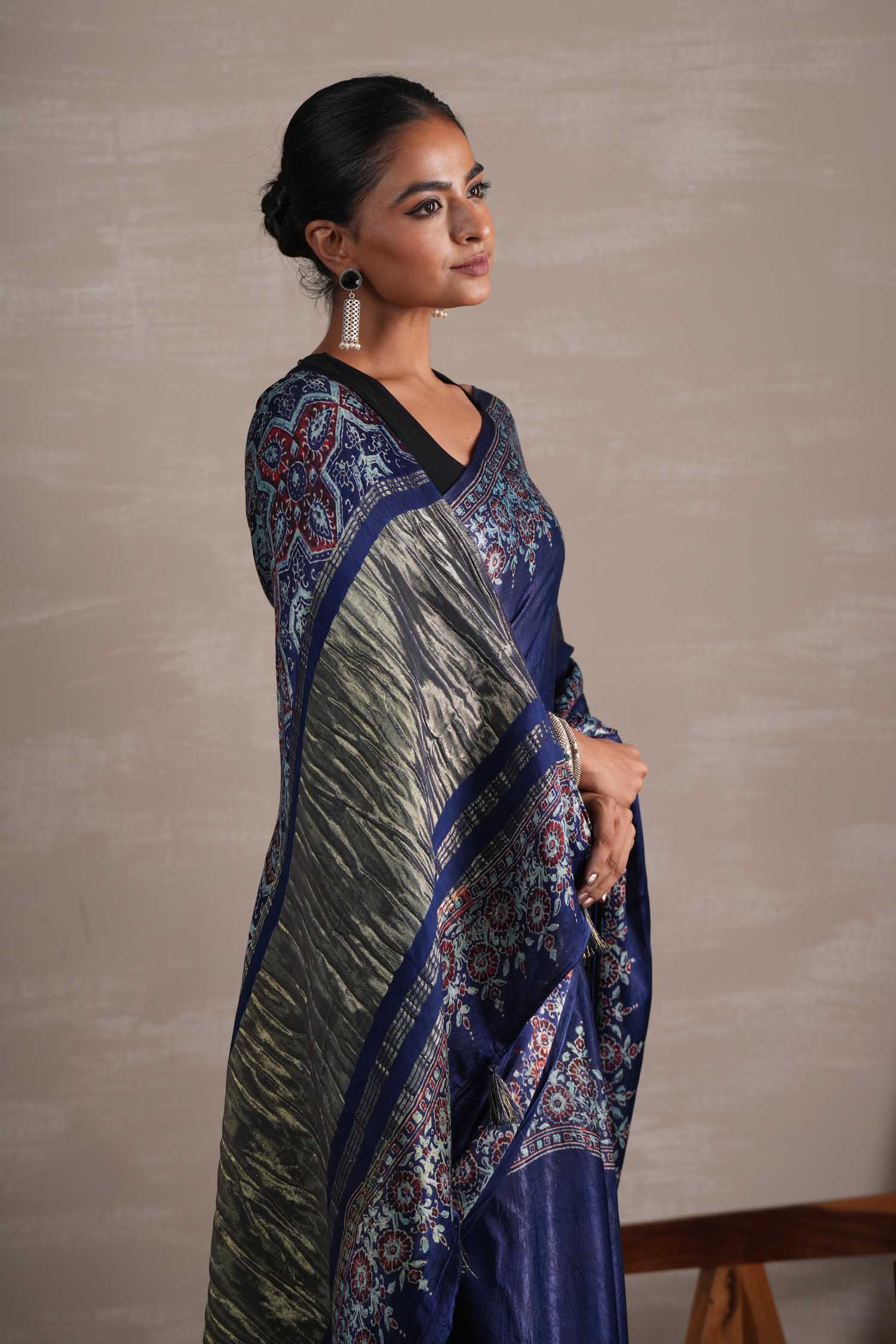 Azure Blossom Hand Block Printed Modal Tissue Saree - SootiSyahi