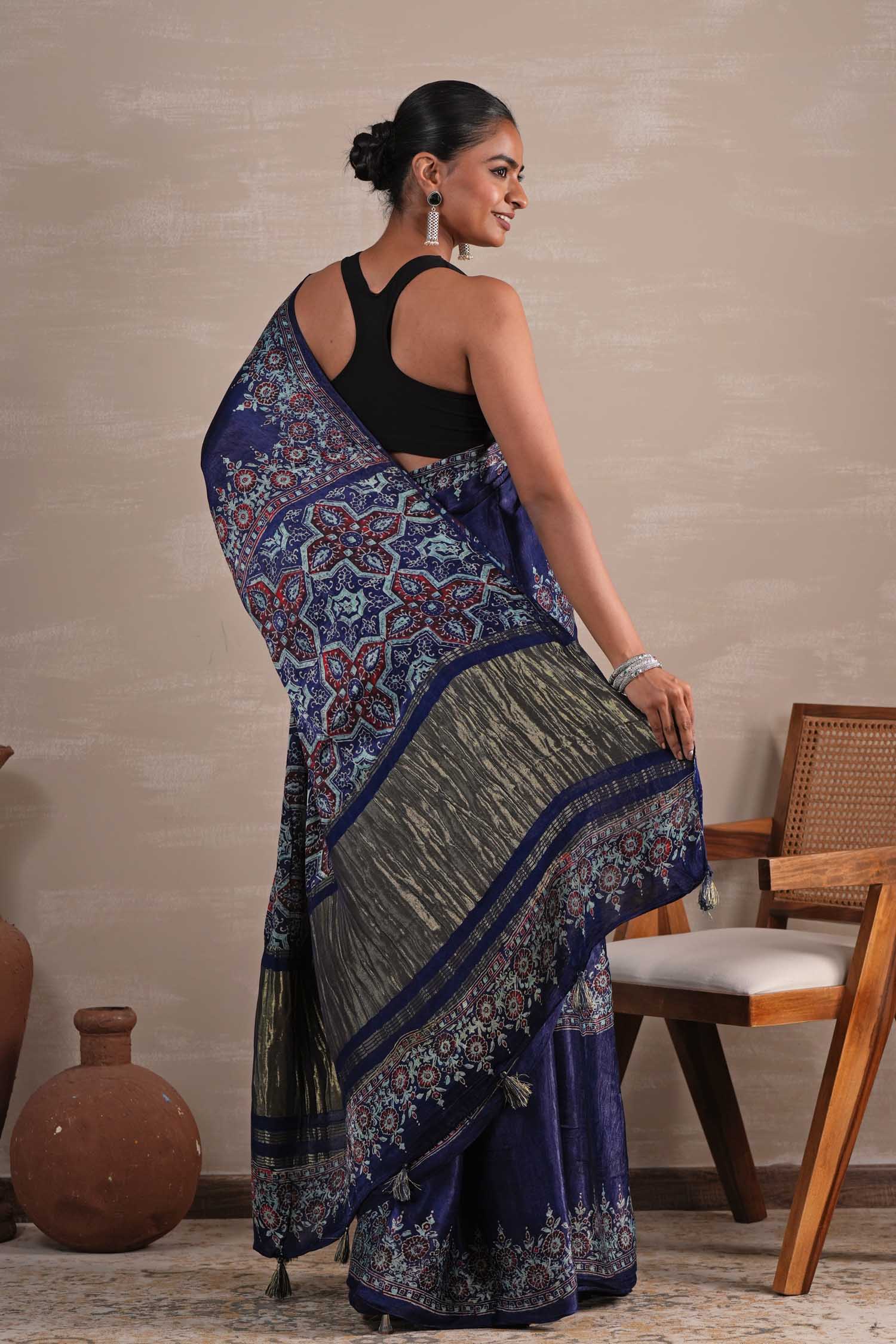 Azure Blossom Hand Block Printed Modal Tissue Saree - SootiSyahi