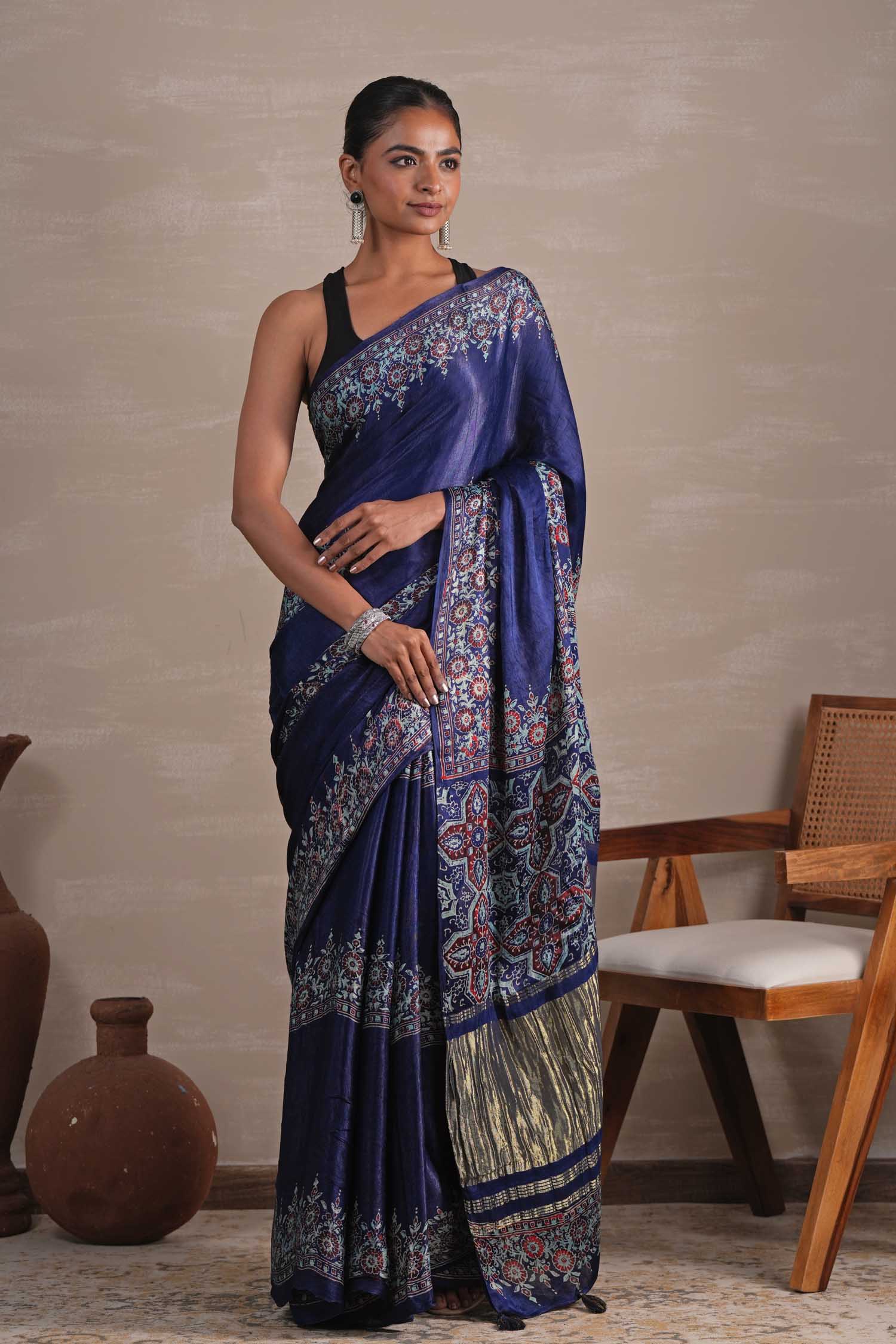 Azure Blossom Hand Block Printed Modal Tissue Saree - SootiSyahi