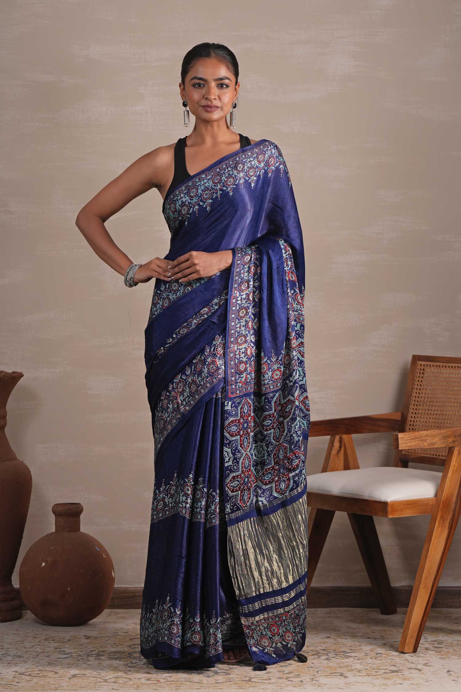 Azure Blossom Hand Block Printed Modal Tissue Saree - SootiSyahi