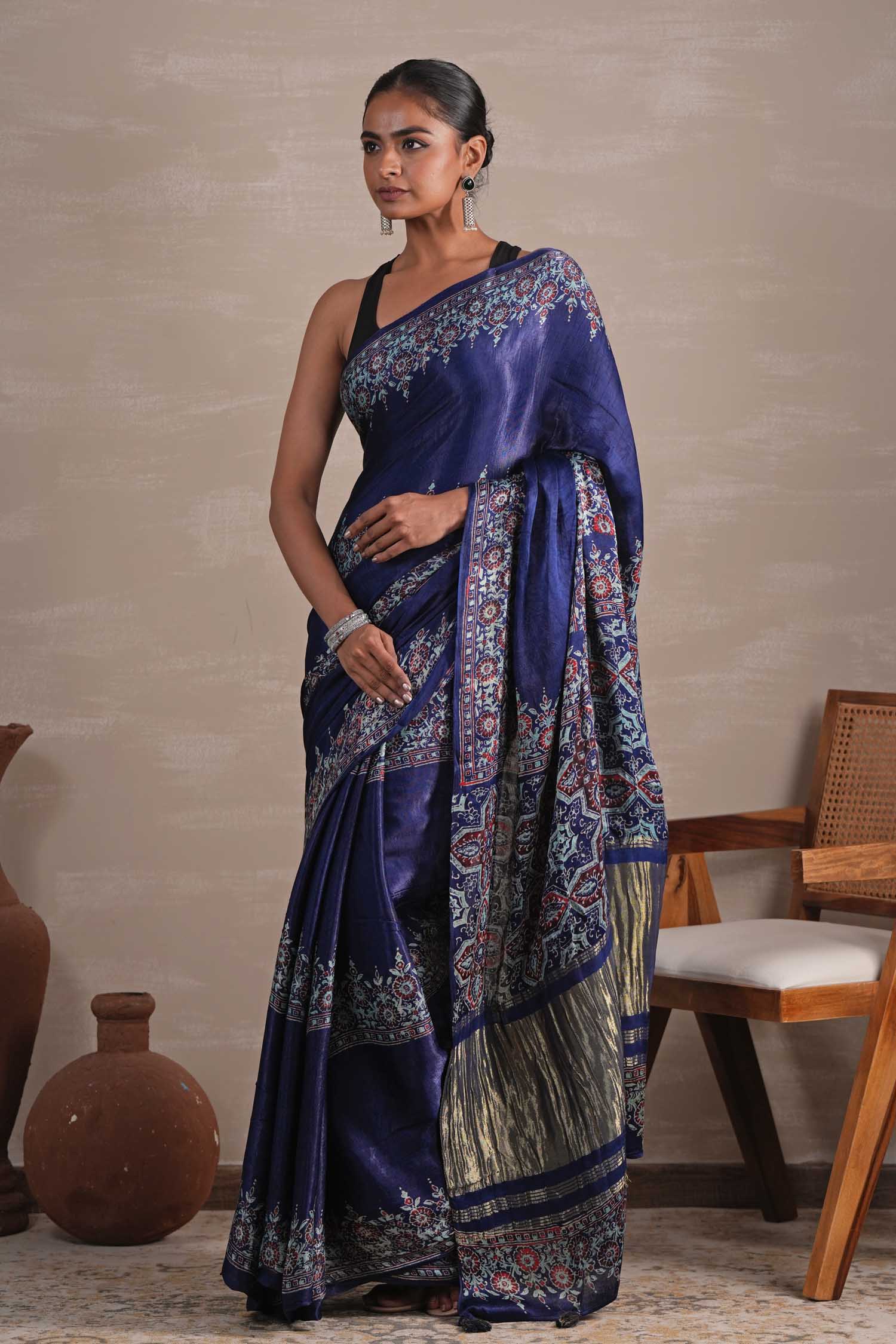 Azure Blossom Hand Block Printed Modal Tissue Saree - SootiSyahi