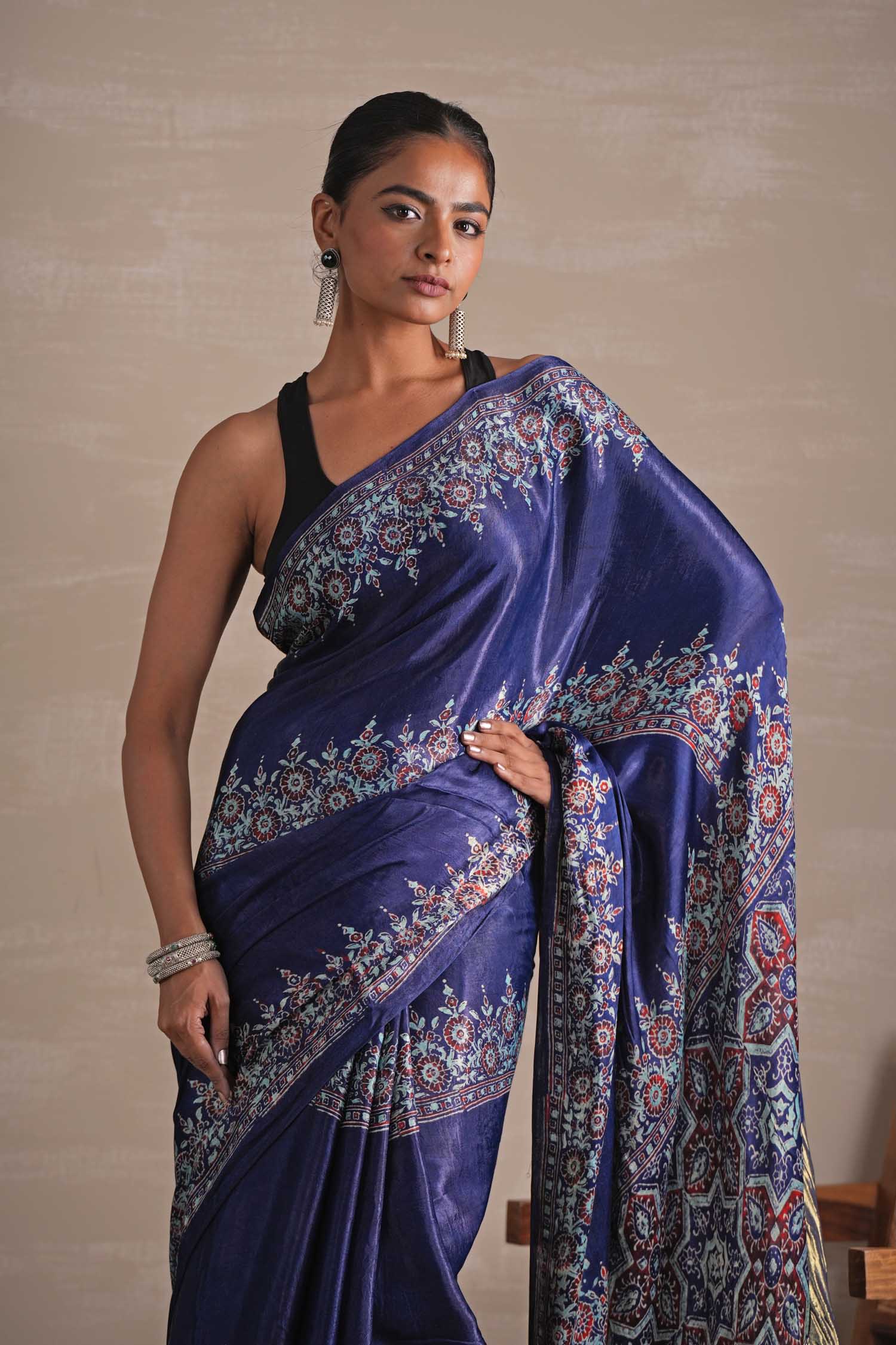 Azure Blossom Hand Block Printed Modal Tissue Saree - SootiSyahi