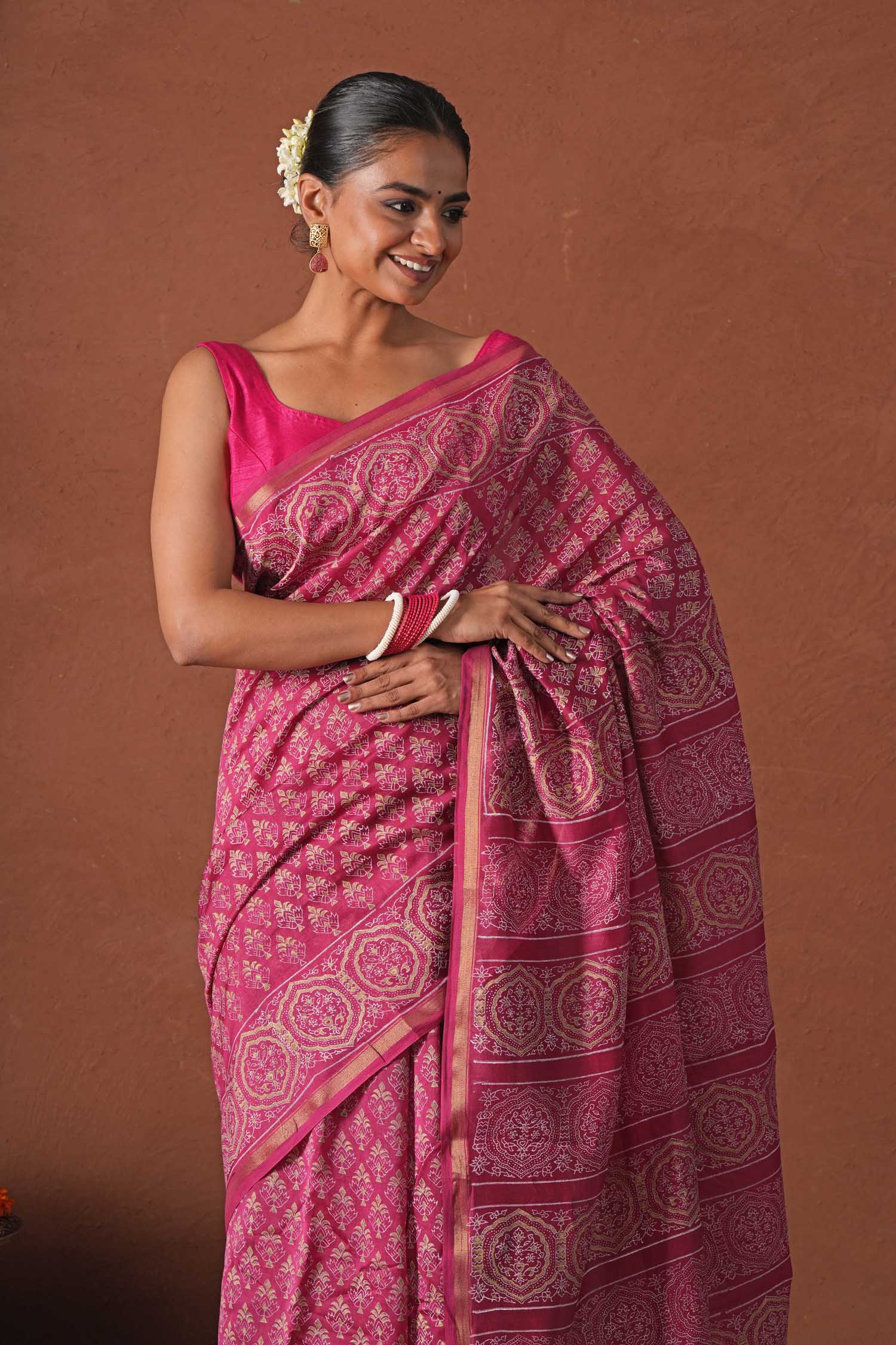 Azure Gold - Hand Block Printed Chanderi Silk Saree - SootiSyahi