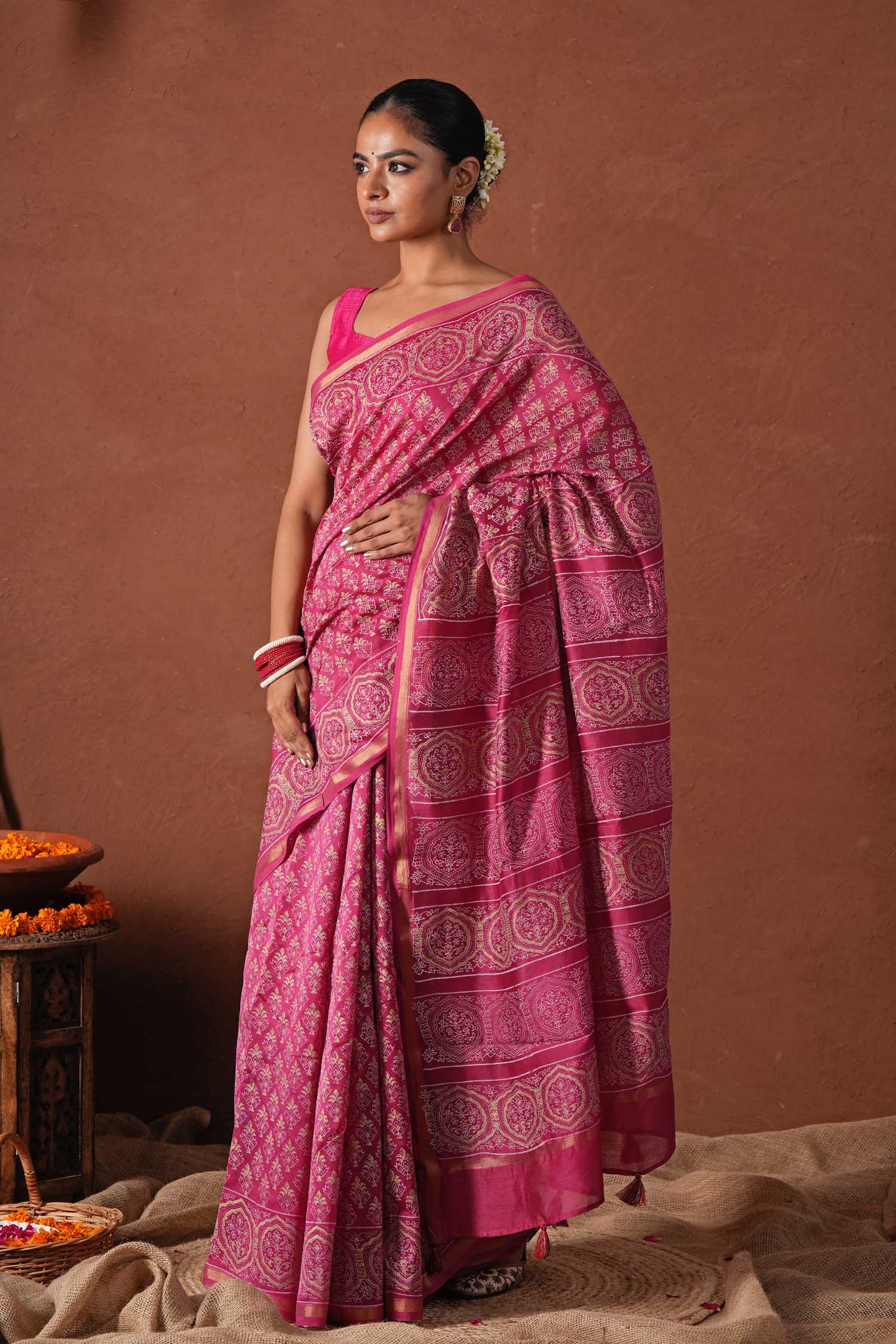 Azure Gold - Hand Block Printed Chanderi Silk Saree - SootiSyahi