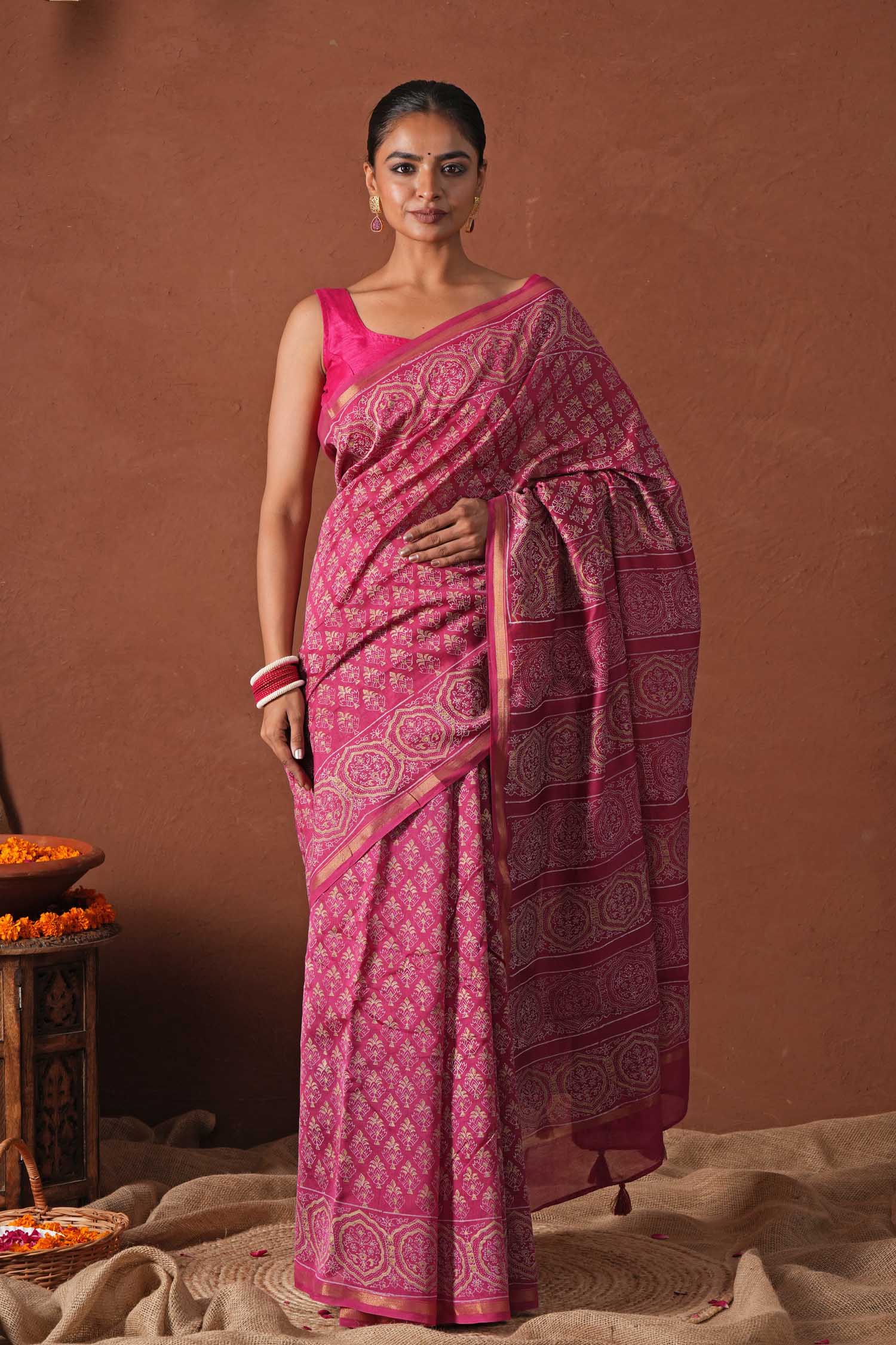 Azure Gold - Hand Block Printed Chanderi Silk Saree - SootiSyahi