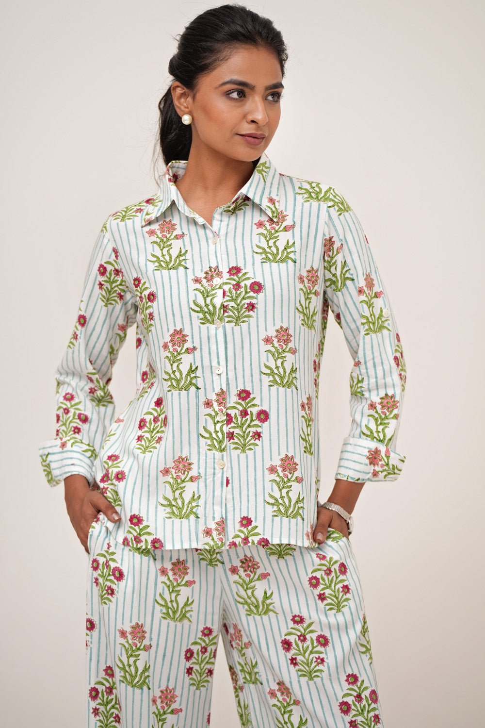 Bloom Cascade Hand Block Printed Modal Silk Co - Ord Set - SootiSyahi