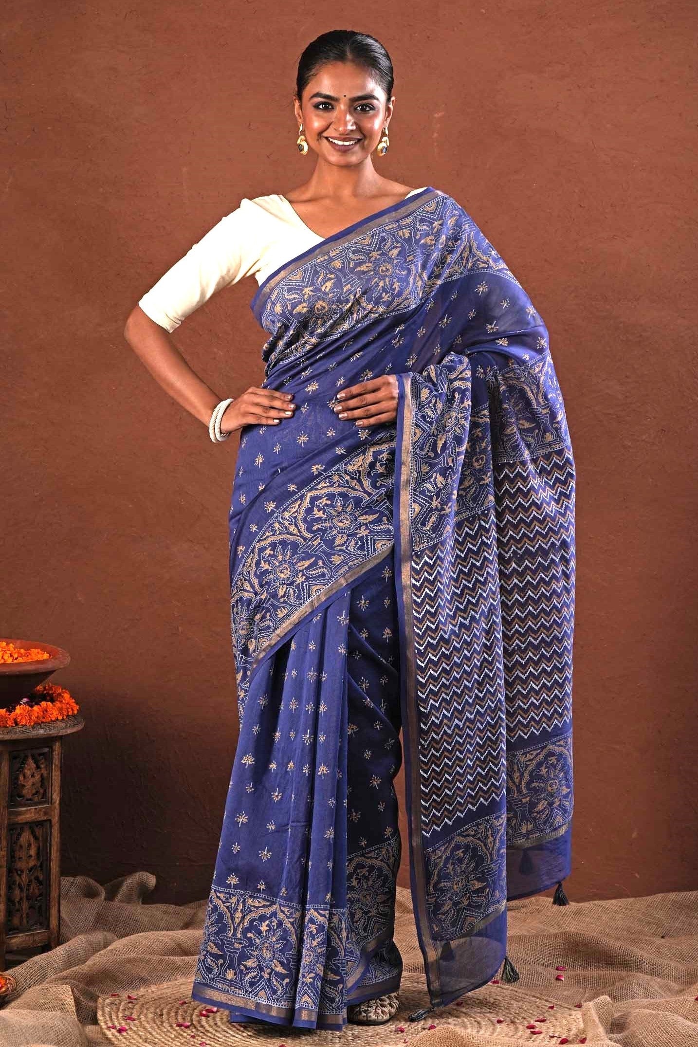 Blue Horizon - Hand Block Printed Chanderi Silk Saree - SootiSyahi