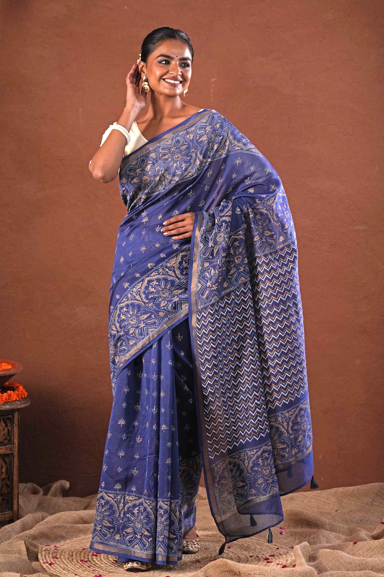 Blue Horizon - Hand Block Printed Chanderi Silk Saree - SootiSyahi