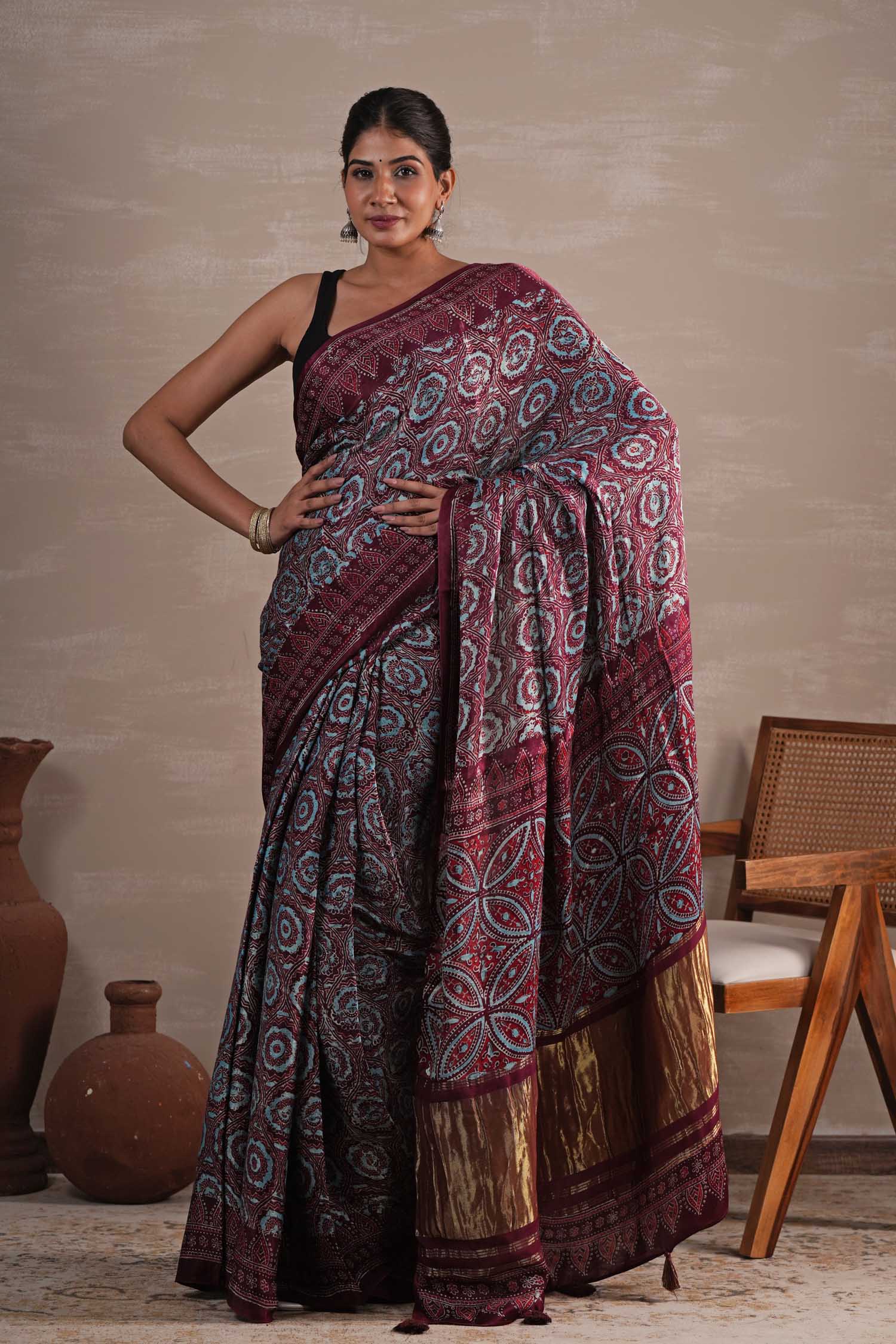 Carmine Cascade Hand Block Printed Modal Tissue Saree - SootiSyahi