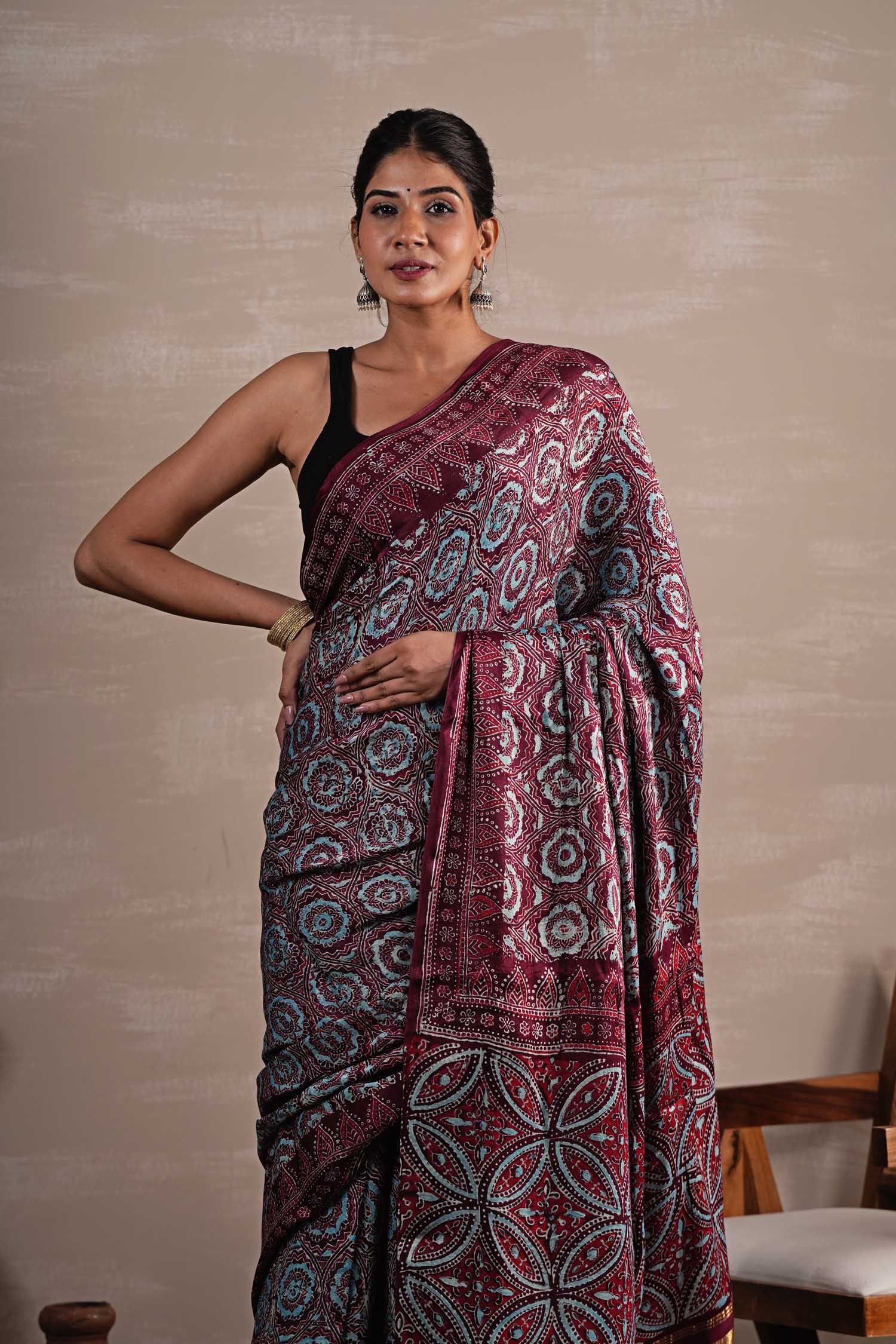 Carmine Cascade Hand Block Printed Modal Tissue Saree - SootiSyahi