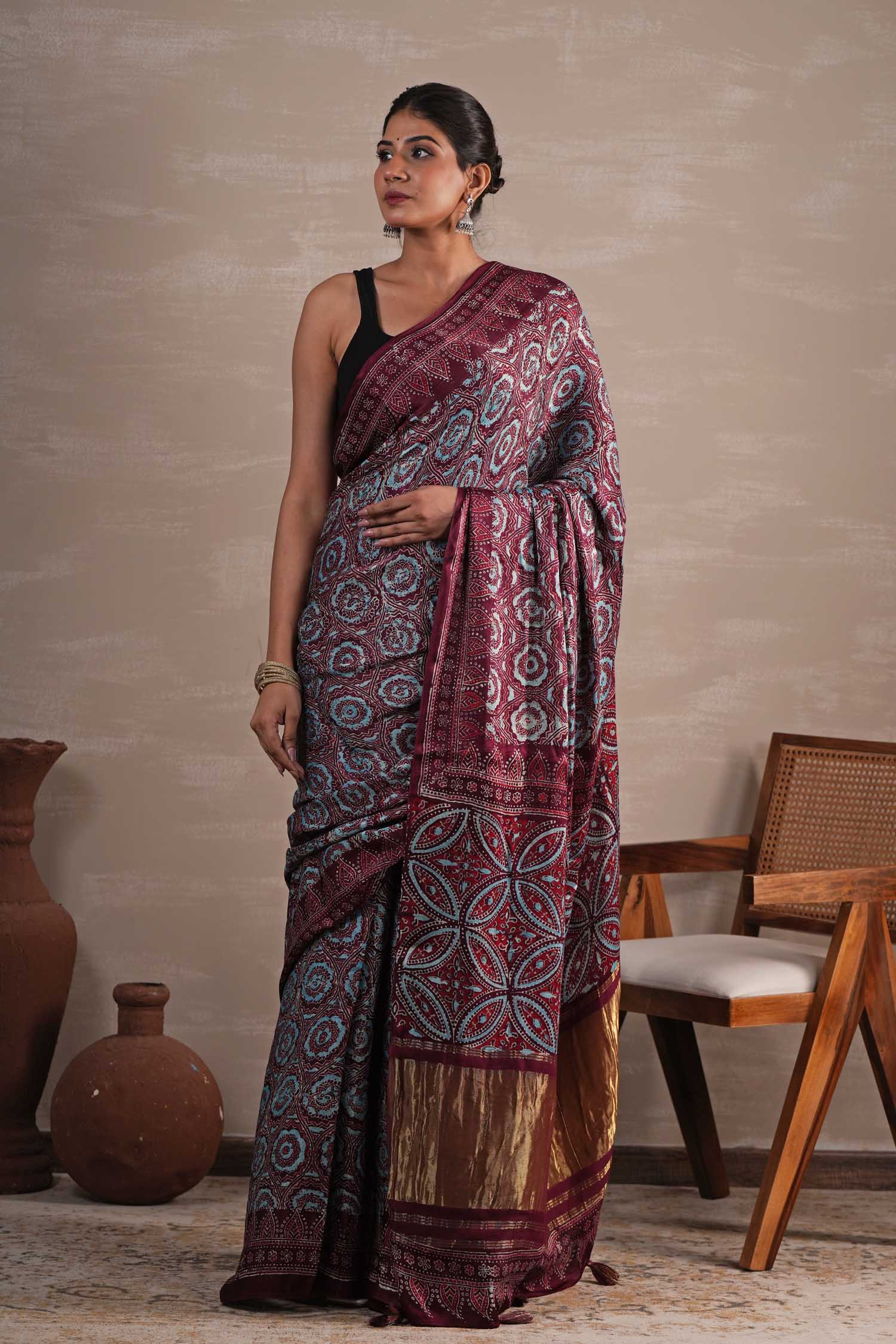 Carmine Cascade Hand Block Printed Modal Tissue Saree - SootiSyahi