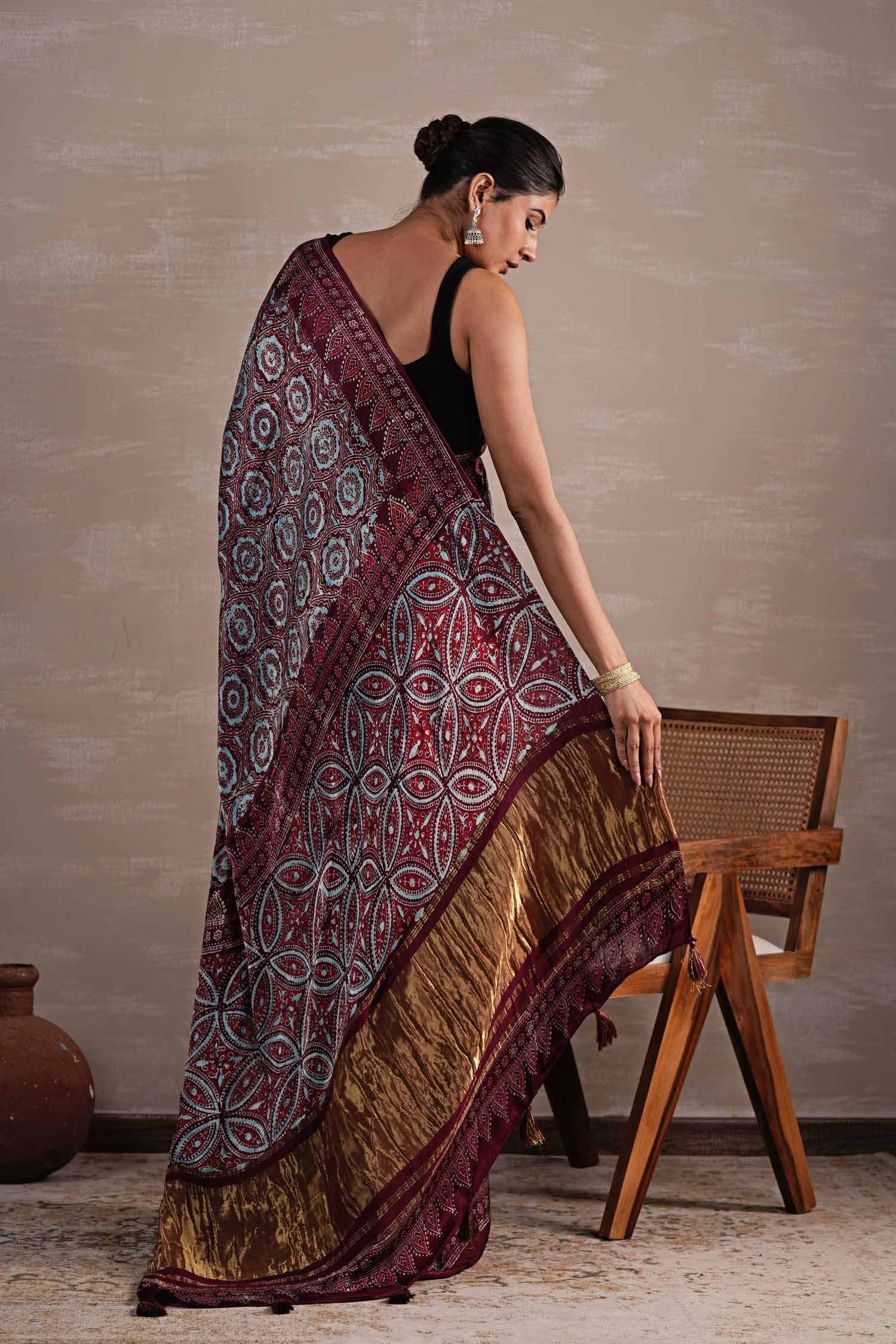 Carmine Cascade Hand Block Printed Modal Tissue Saree - SootiSyahi