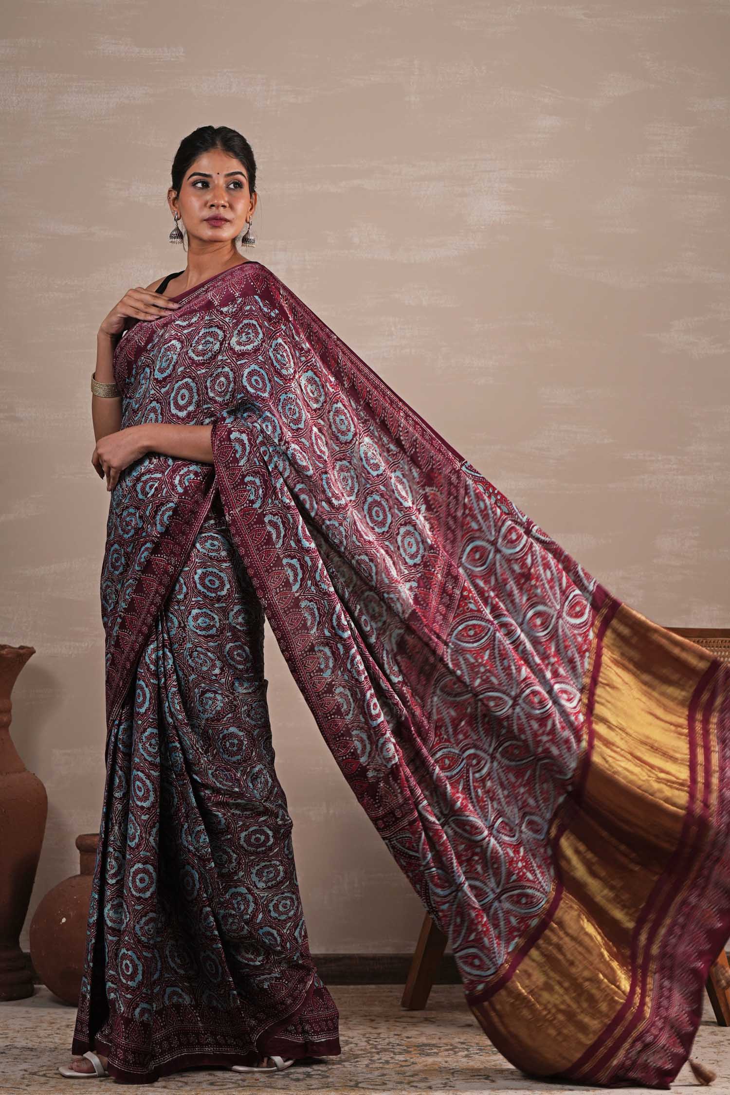 Carmine Cascade Hand Block Printed Modal Tissue Saree - SootiSyahi