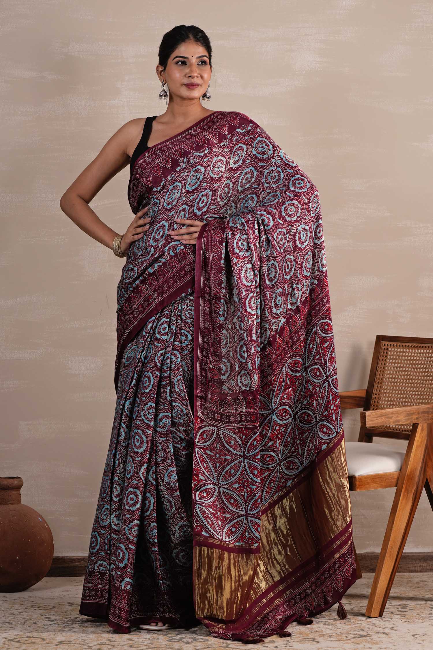 Carmine Cascade Hand Block Printed Modal Tissue Saree - SootiSyahi