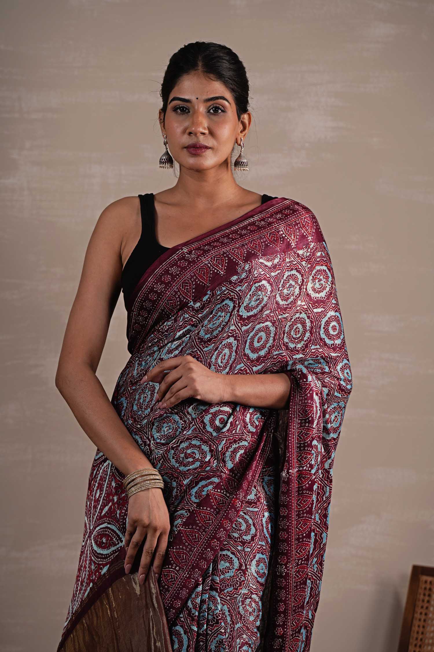 Carmine Cascade Hand Block Printed Modal Tissue Saree - SootiSyahi