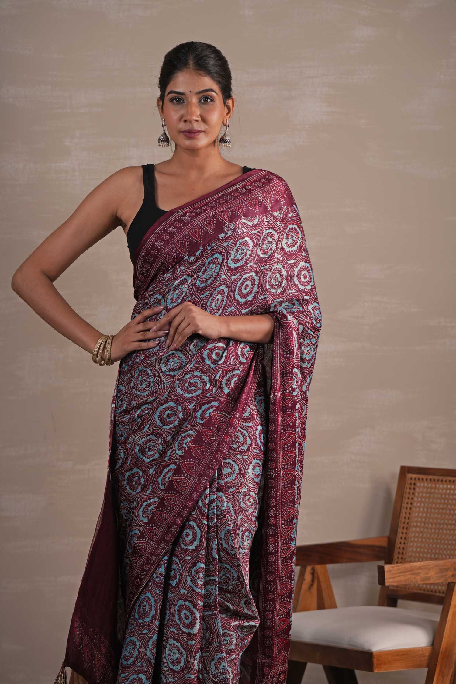 Carmine Cascade Hand Block Printed Modal Tissue Saree - SootiSyahi