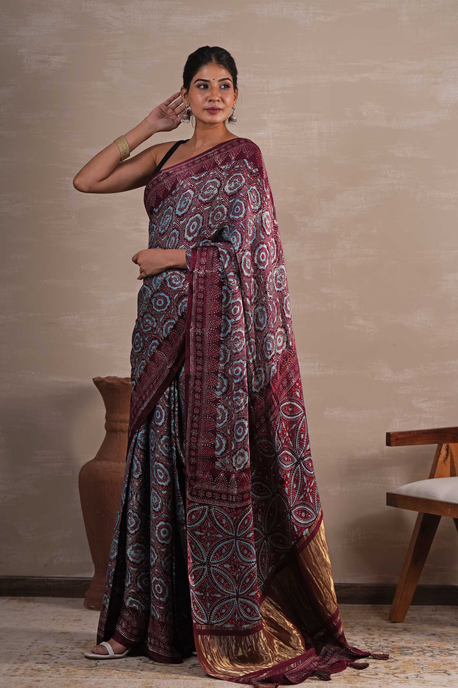 Carmine Cascade Hand Block Printed Modal Tissue Saree - SootiSyahi