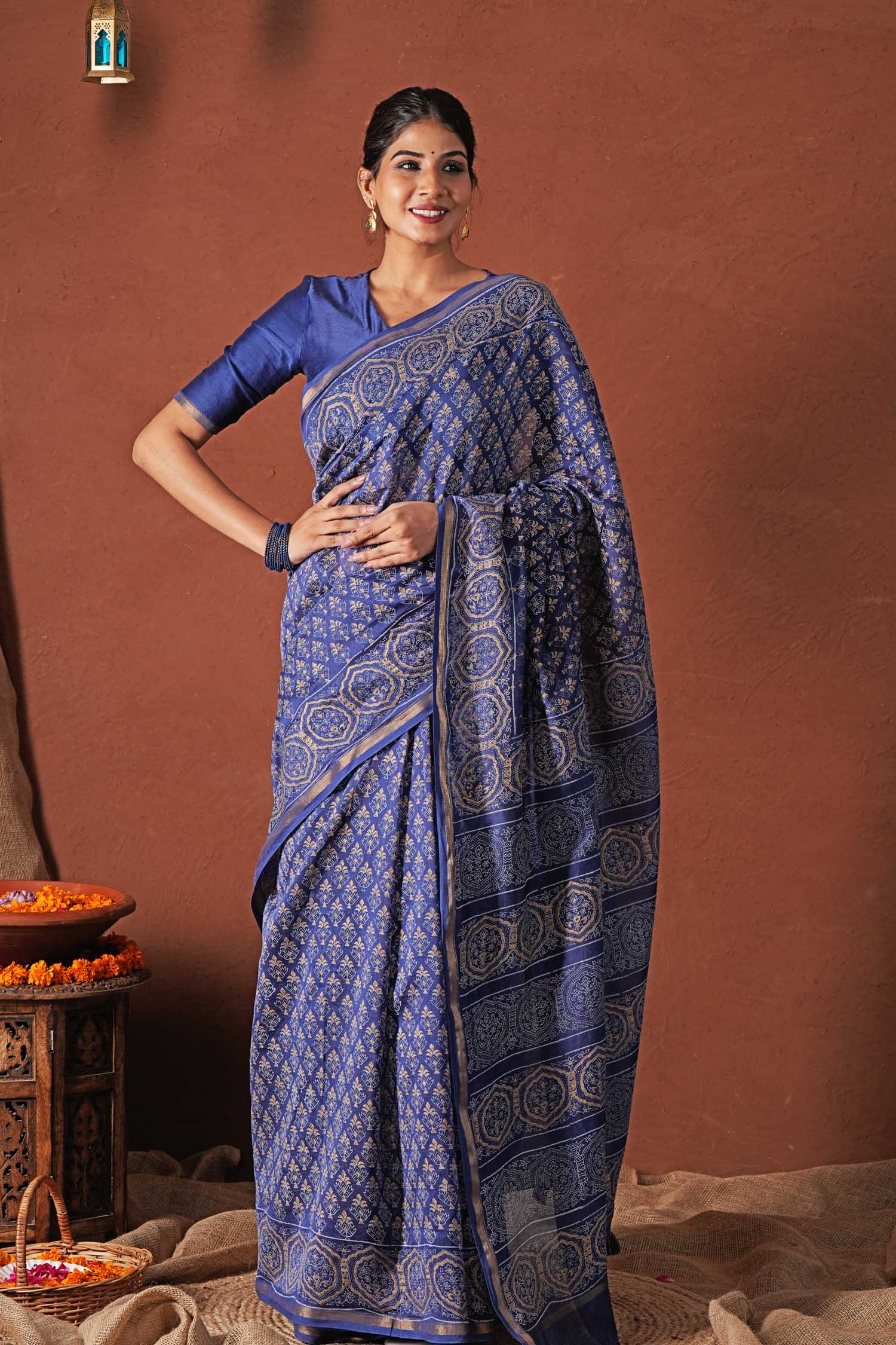 Celestial Blue - Hand Block Printed Chanderi Silk Saree - SootiSyahi