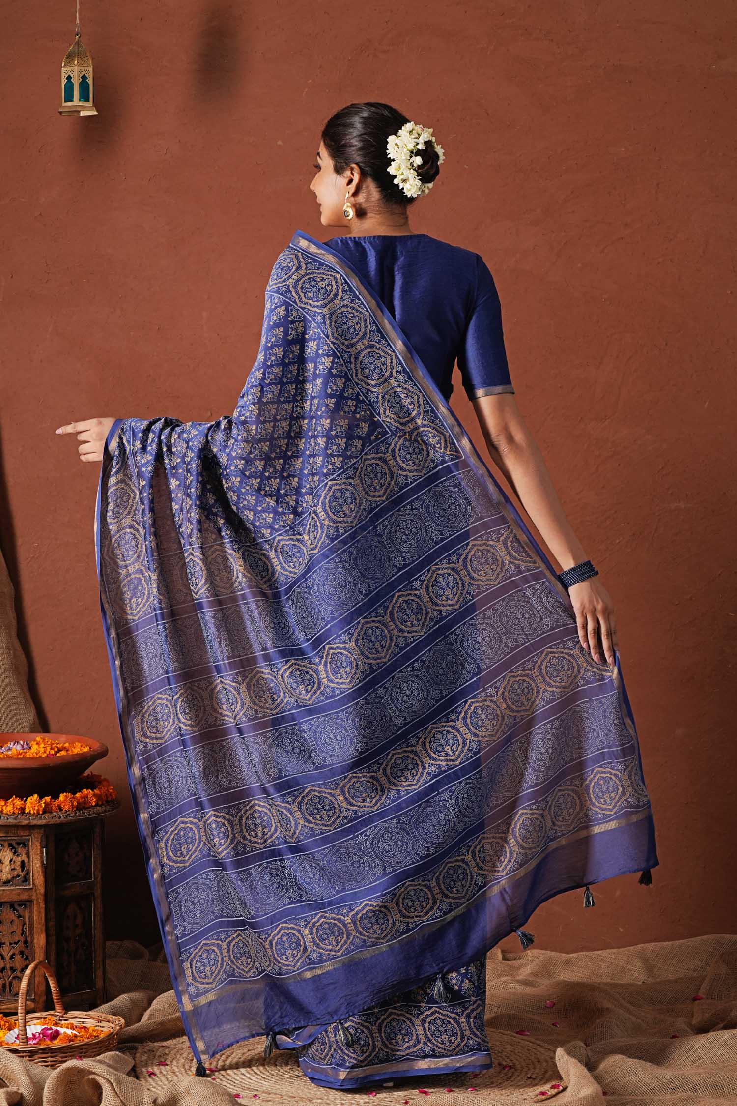 Celestial Blue - Hand Block Printed Chanderi Silk Saree - SootiSyahi