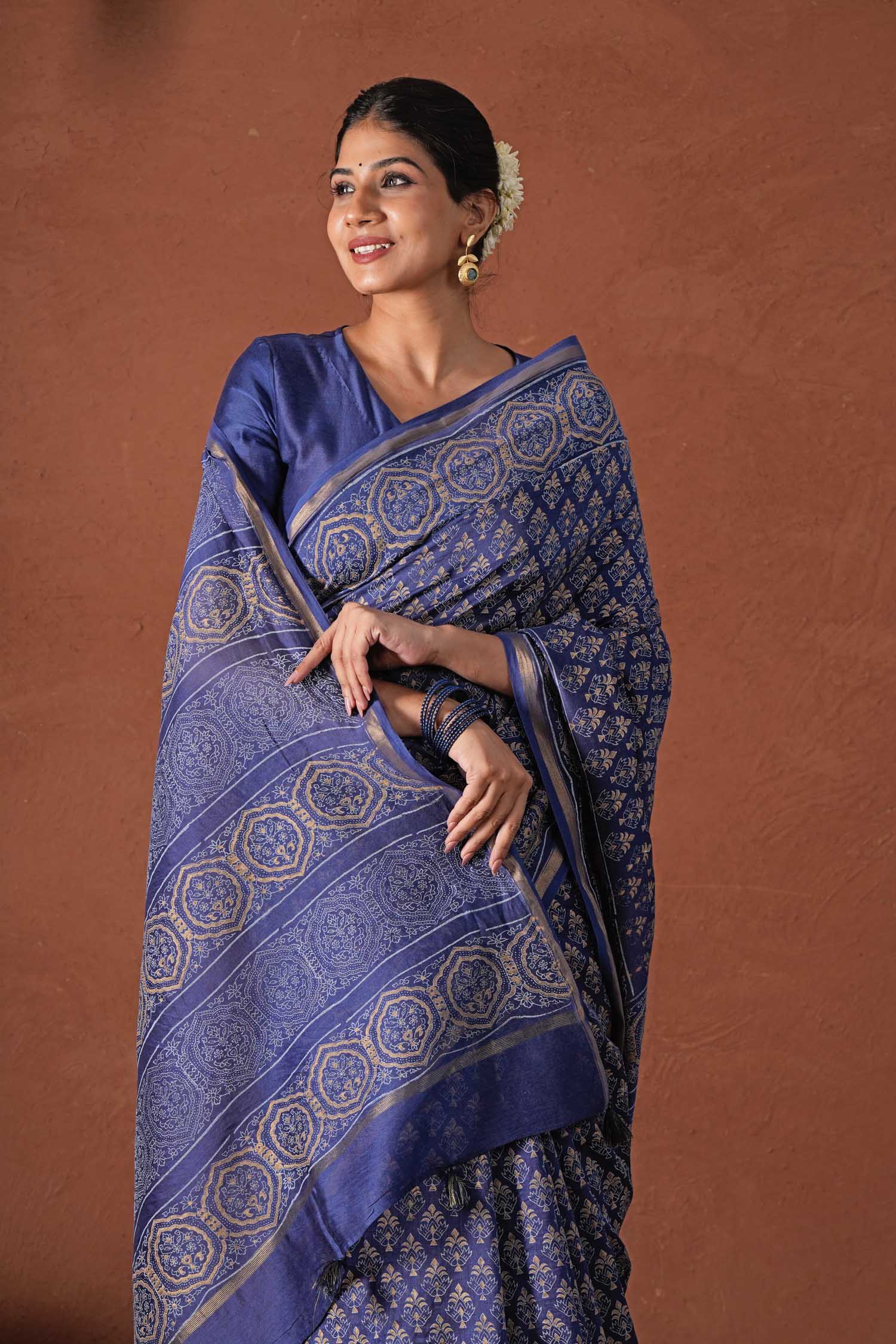 Celestial Blue - Hand Block Printed Chanderi Silk Saree - SootiSyahi