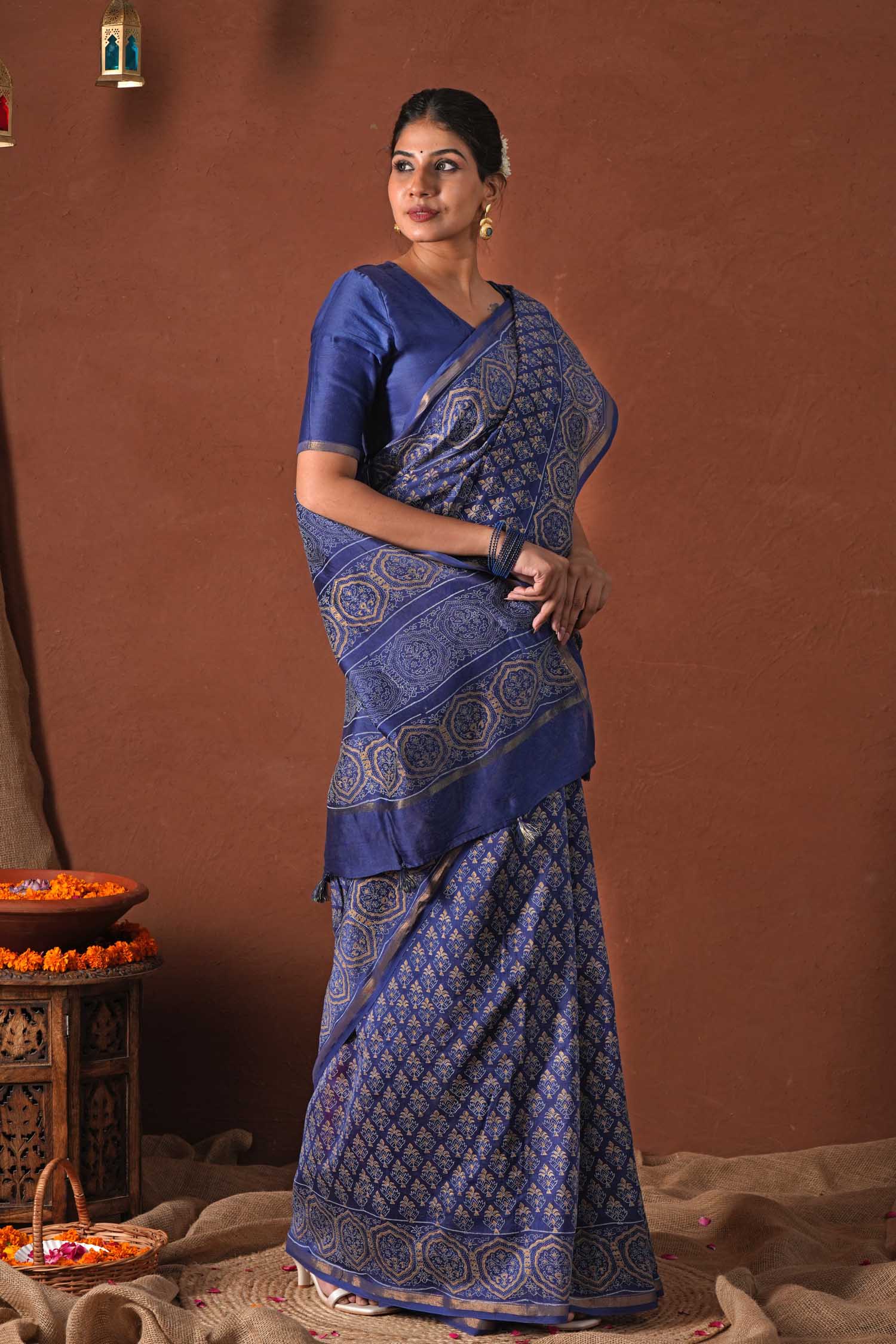 Celestial Blue - Hand Block Printed Chanderi Silk Saree - SootiSyahi