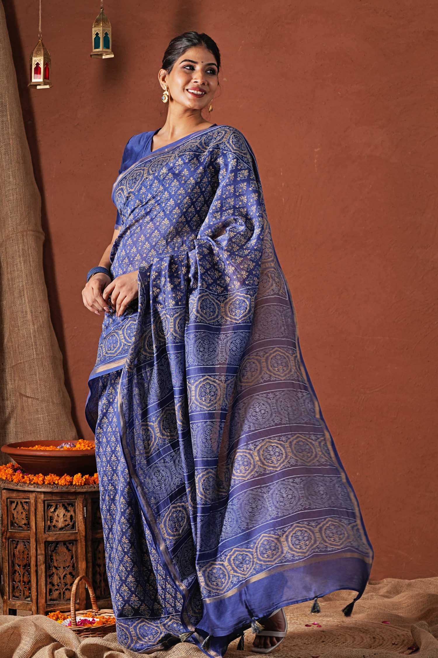 Celestial Blue - Hand Block Printed Chanderi Silk Saree - SootiSyahi