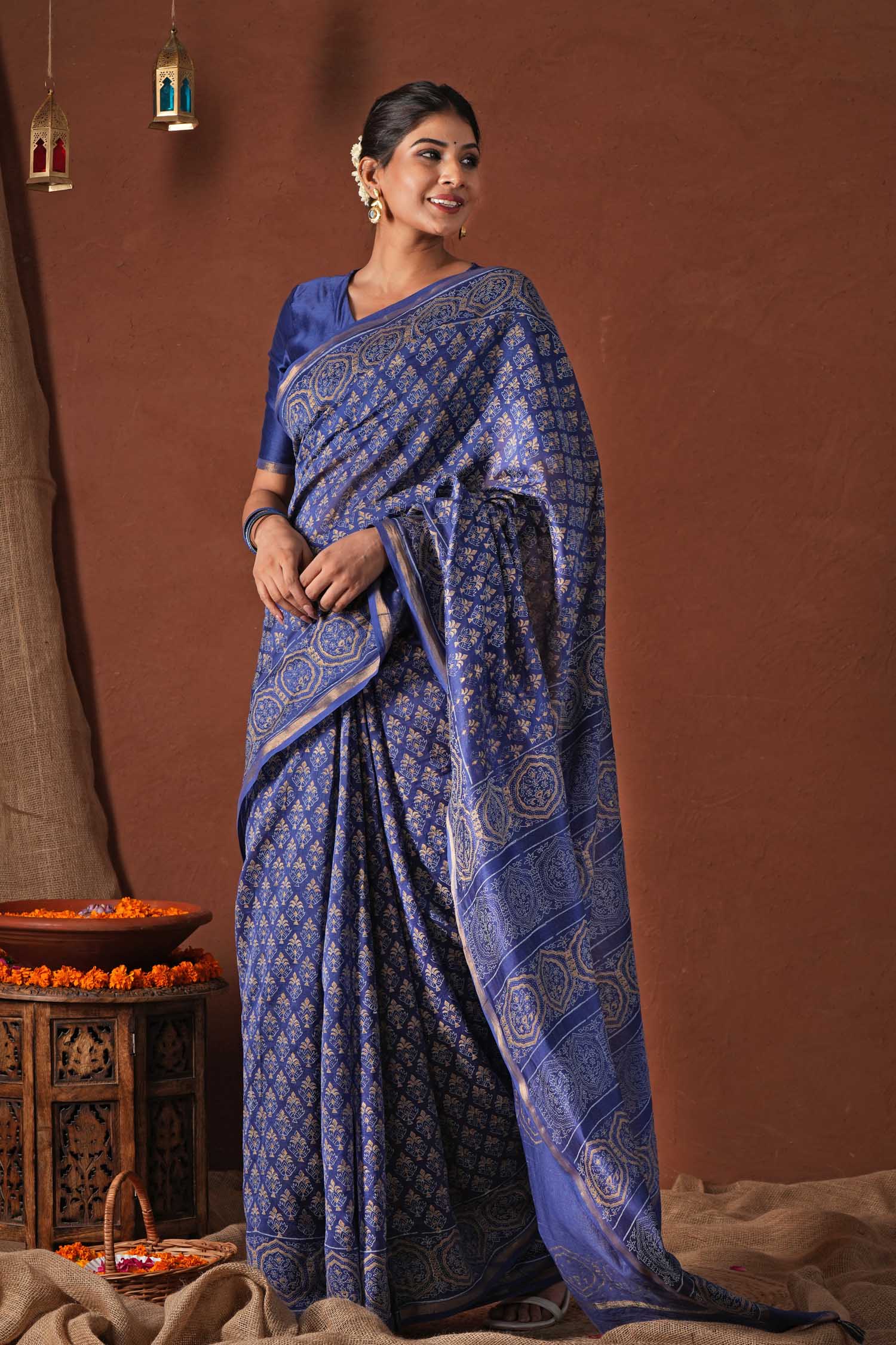 Celestial Blue - Hand Block Printed Chanderi Silk Saree - SootiSyahi