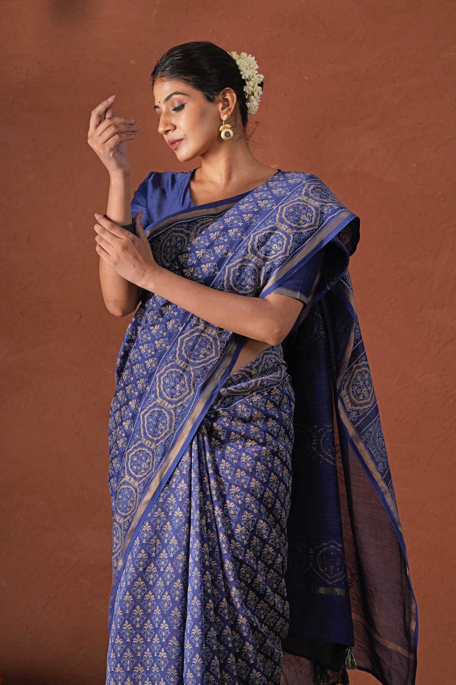 Celestial Blue - Hand Block Printed Chanderi Silk Saree - SootiSyahi