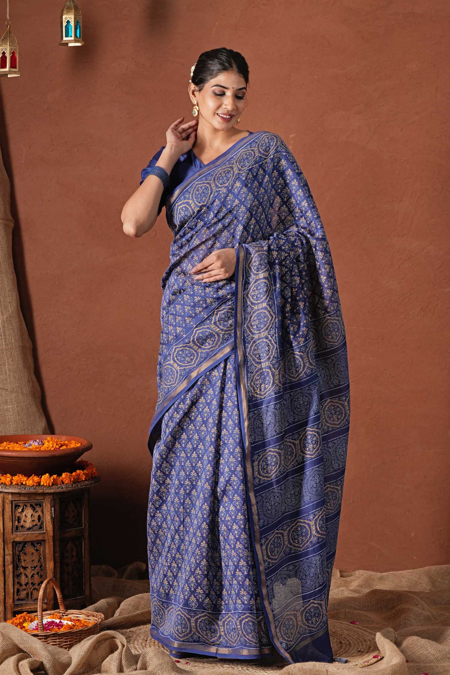 Celestial Blue - Hand Block Printed Chanderi Silk Saree - SootiSyahi